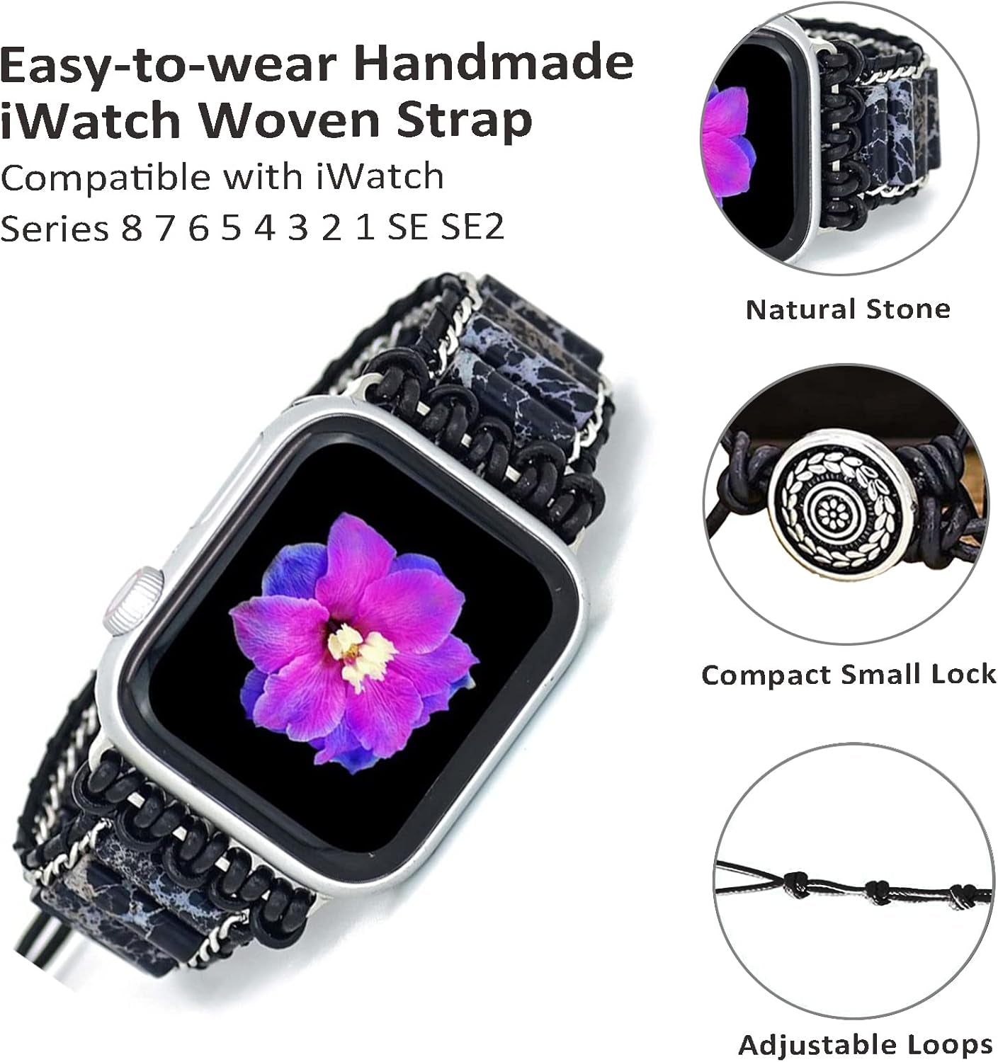 Beaded Handmade Boho Bracelet Bands Compatible with Apple Watch Band 38Mm/40Mm/41Mm,Jewelry Agate Natural Stone Wristband Straps for Women Iwatch Series 9 8 7 6 5 4 3 2 1 SE Se2(Blue Agate)