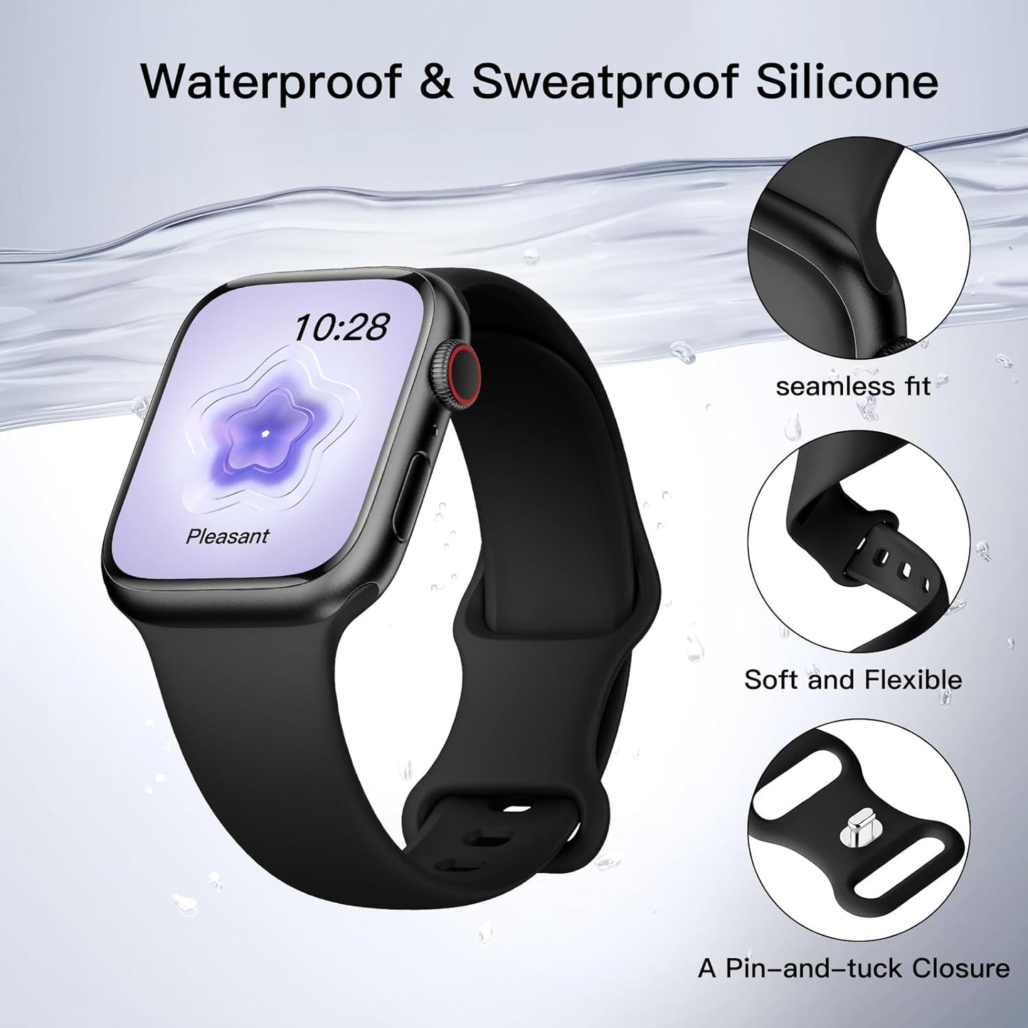 Sport Silicone Band Compatible with Apple Watch Bands 40Mm 38Mm 41Mm 44Mm 45Mm 42Mm 49Mm Women Men,Soft Wristband Waterproof Replacement Sport Strap for Iwatch Bands Series 9 8 7 6 5 4 3 2 1 SE Ultra