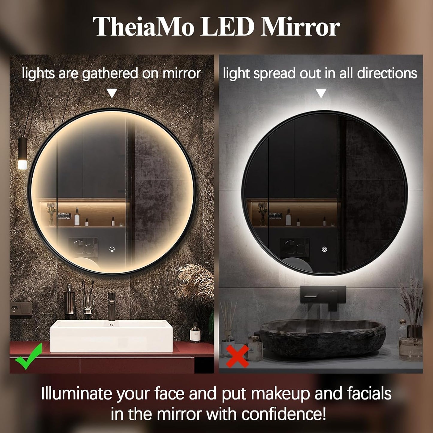 24 Inch round LED Bathroom Mirror, Circle Frame Recessed Light Strip Design Modern Vanity Mirror, Anti-Fog Smart Mirror with Stepless Color Temperature Adjustable 3000-6000K, Black