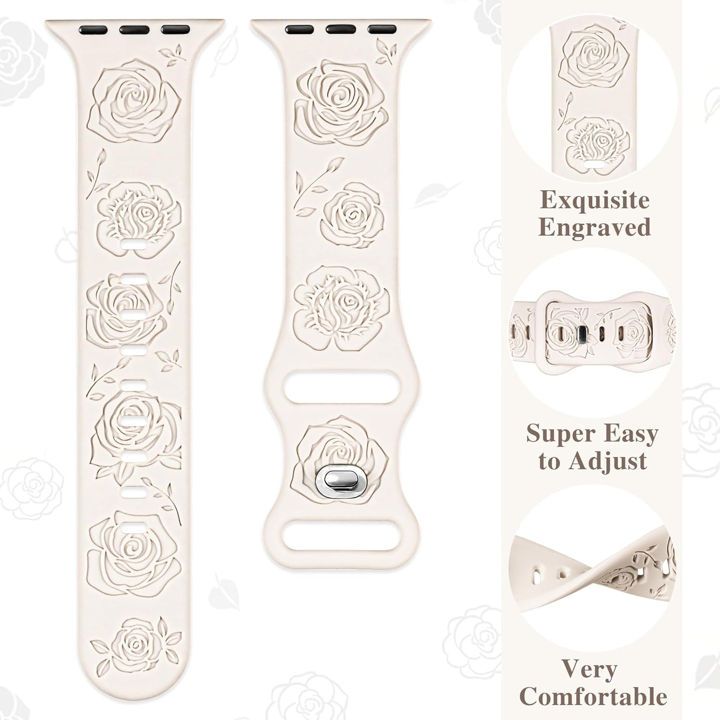 Designer Floral Engraved Bands Compatible with Apple Watch Bands for Women 40Mm 41Mm 38Mm, Cute Soft Silicone Rose Iwatch Bands for Apple Watch Series 9 Band SE 8 7 6 5 4 3 2 1-Starlight