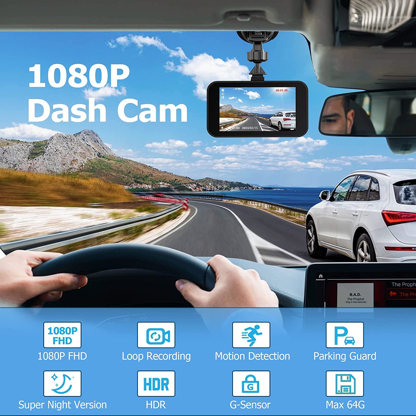 1080P Full HD Dash Camera for Cars, Dash Cam Front with 32G SD Card, 3”LCD Screen, 170°Wide Angle, Dashboard Dashcam with Loop Recording, HDR, Night Vision, G-Sensor, Parking Monitor