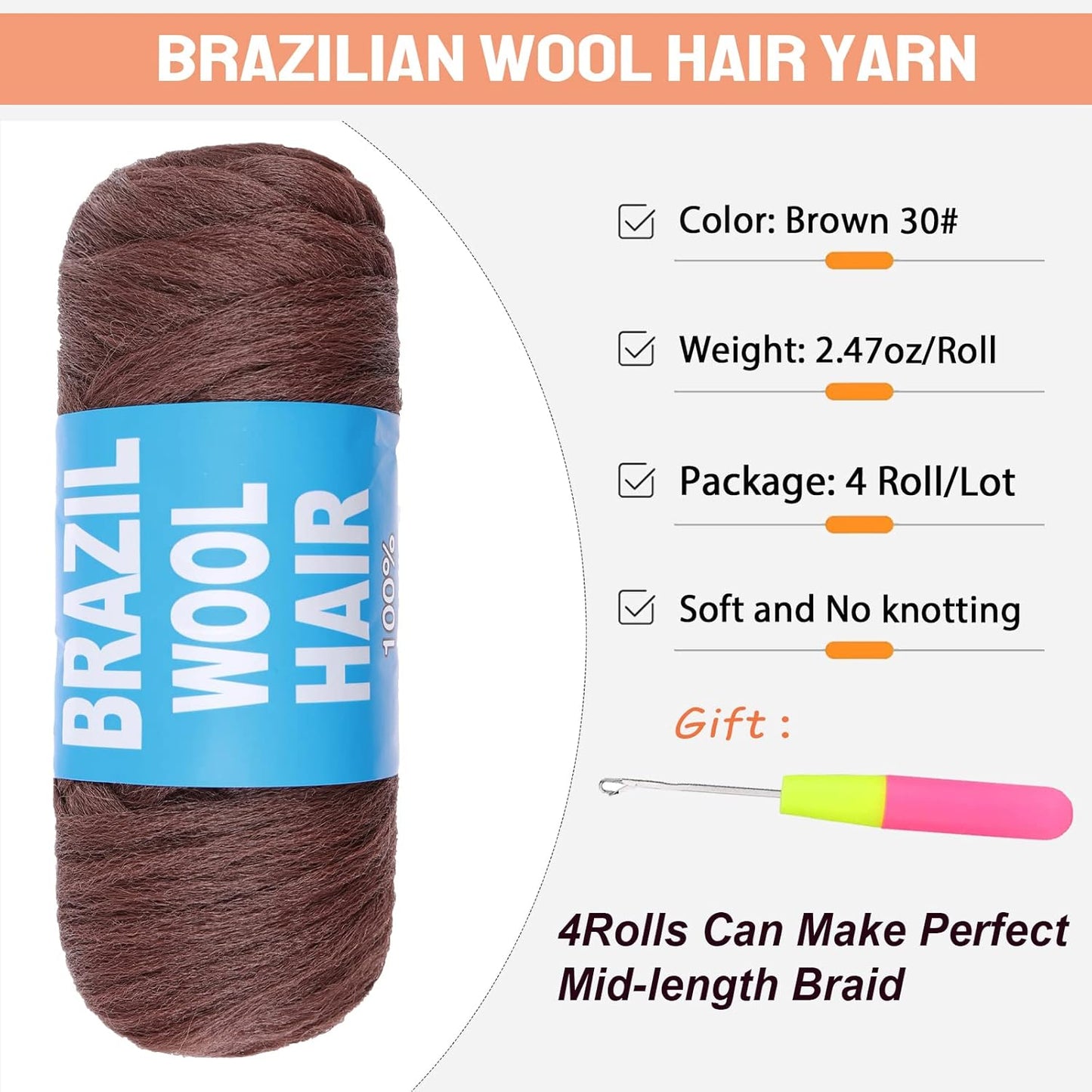 4Pcs Brown Brazilian Wool Hair for Braids Acrylic Hand Knitting Yarn for Hair Braiding Hair Extension Faux Locs African Crochet Braid(#30)