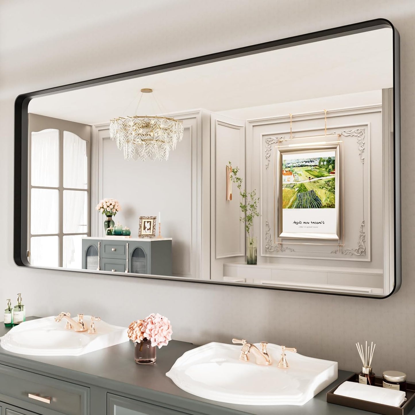 50X30 Inch Black Metal Framed Bathroom Mirror for Wall, Matte Black Bathroom Vanity Mirror Farmhouse, Large Rounded Rectangle Mirror, Anti-Rust, Tempered Glass, Hangs Horizontally or Vertically
