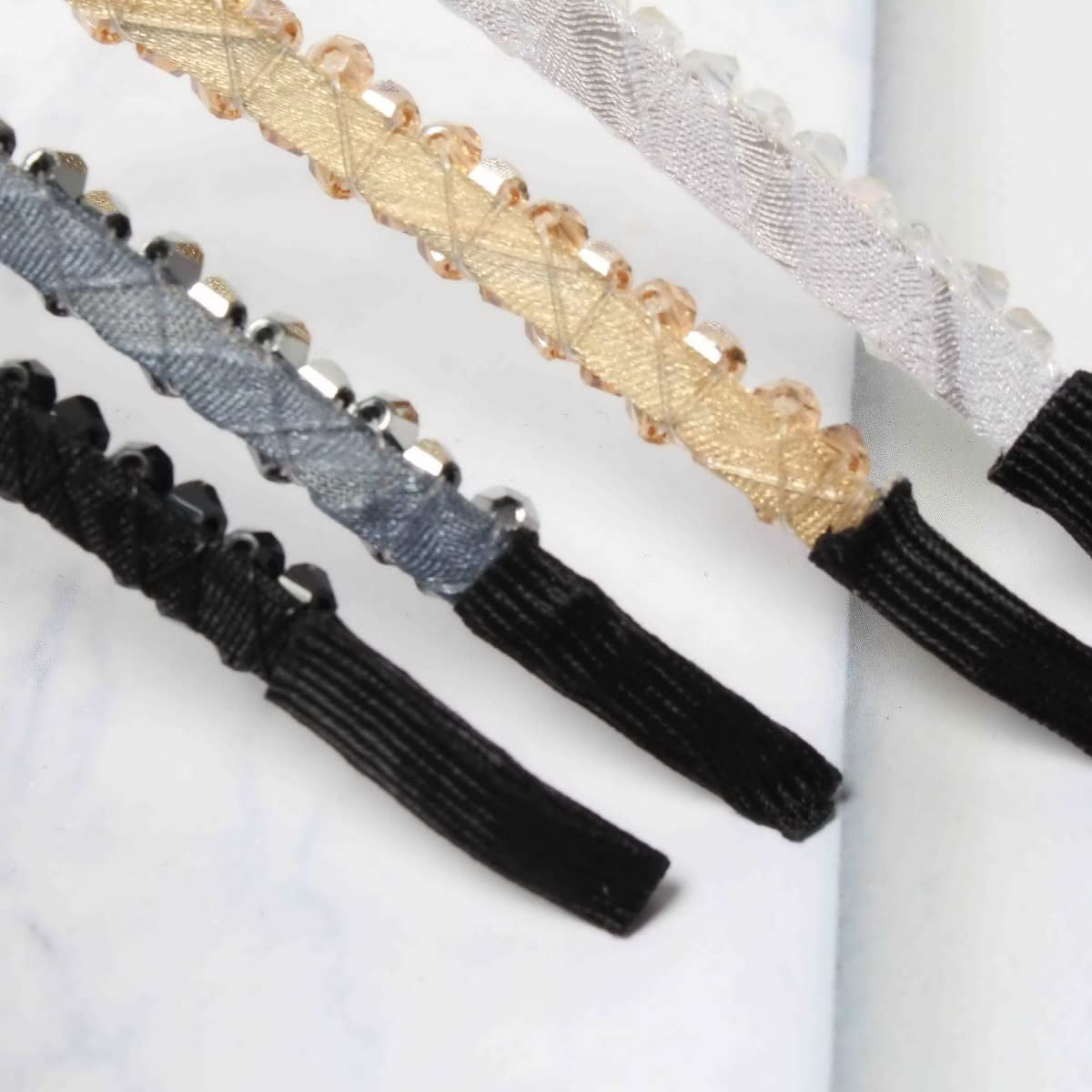 4 PK Crystal Rhinestone Headbands for Women Girls Double Rows Sparkly Beaded Hair Hoops Clear Black Weave Narrow Hair Bands Hair Accessories (Color A)