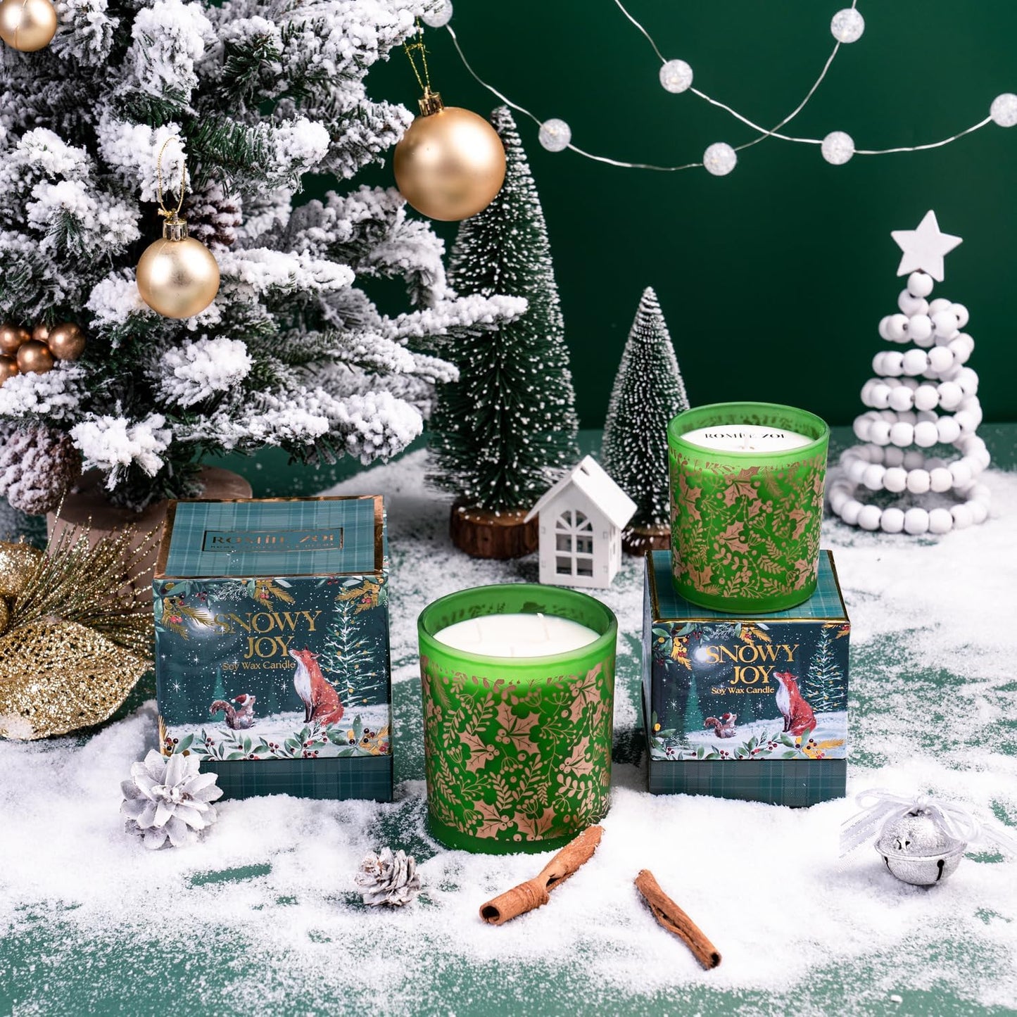 Christmas Scented Candle - 6Oz Soy Wax Candle, Snowy Joy, Infused with Fresh-Cut Spruce Branches Aroma - Green and Gold Gift Box for Holiday Season Gift