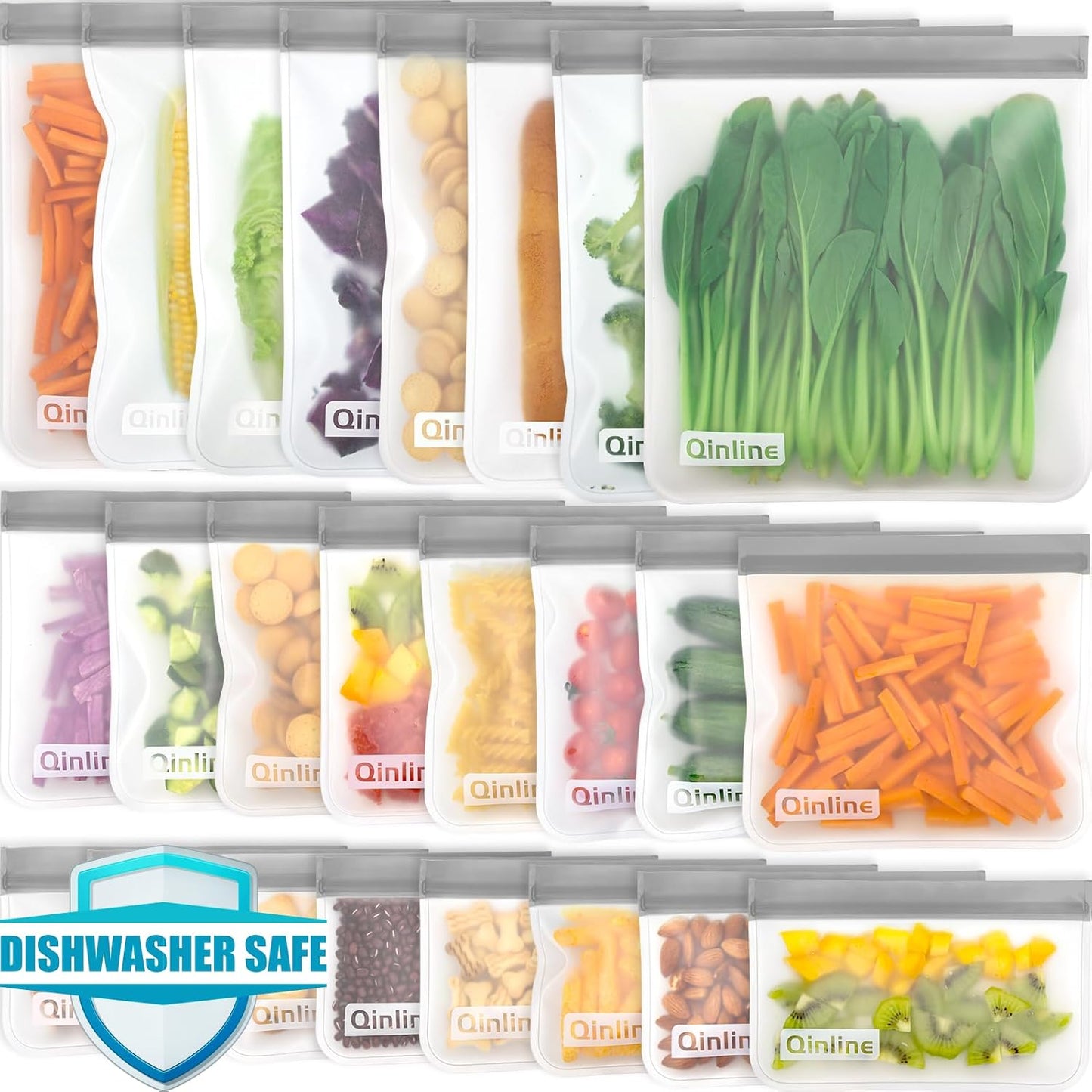 Reusable Food Storage Bags - 24 Pack Freezer Bags, BPA Free Reusable Bags Silicone, Extra Thick Leakproof Reusable Lunch Bag for Salad Fruit Marinate Meats - 8 Gallon 8 Sandwich 8 Snack Bags