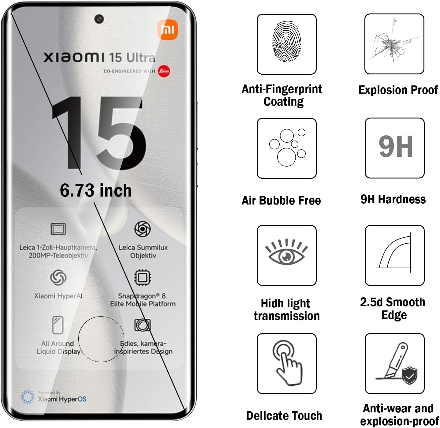2 Pack 3D Compatible with Xiaomi 15 Pro/Xiaomi 15 Ultra Screen Protector, 3D Full Coverage 9H Tempered Glass Film, HD Clear Scratch Resistant, Bubble-Free