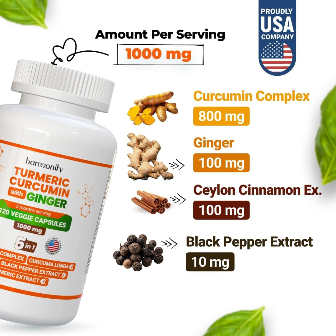 Turmeric Curcumin Supplement with Ginger, Ceylon Cinnamon and Black Pepper Complex 5 in 1 Formula, Curcuma Longa, Max Absorption, 1000 Mg, 120 Herbal Extract Capsules TLBH