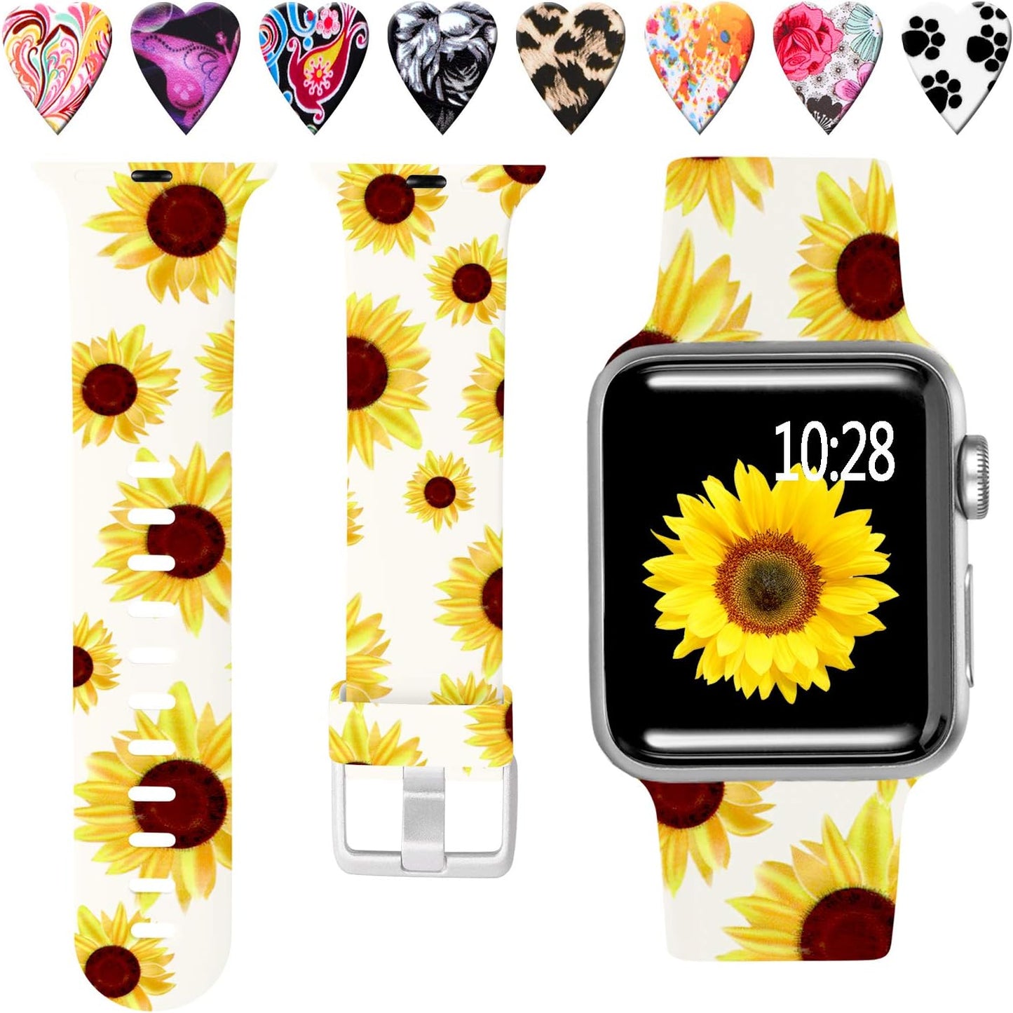 Compatible with Apple Watch Band 42Mm 41Mm 40Mm 38Mm for Women Men, Soft Silicone Fadeless Pattern Print Wristbands for Iwatch Series 10/9/8/7/6/5/4/3/2/1 SE, Sunflower