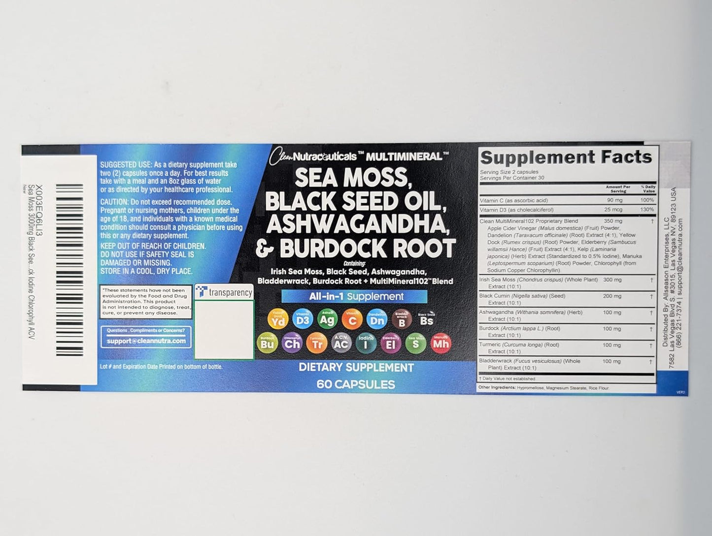 Sea Moss Black Seed Oil Ashwagandha Turmeric Bladderwrack Burdock & Vitamin C Vitamin D3 with Elderberry Manuka Dandelion Yellow Dock Iodine Chlorophyll ACV TLBH