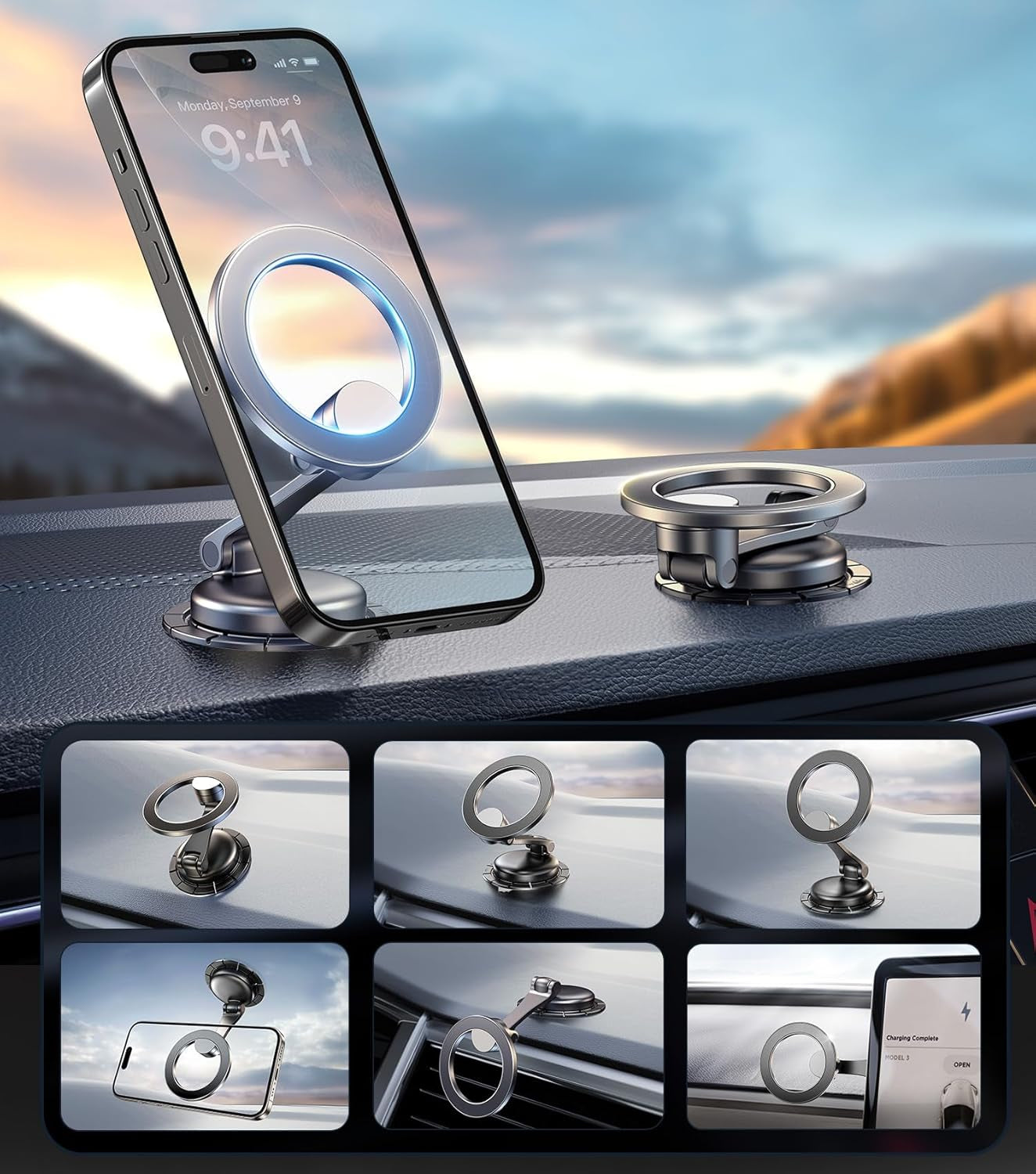 Folding Car Phone Mount for Magsafe, Magnetic Dashboard, Windshield Holder, Strong Suction, Easy to Relocate, Must-Have for Car Rentals, Best Accessories for Men Women Iphone 16E/15/14/13/12 Pro Max