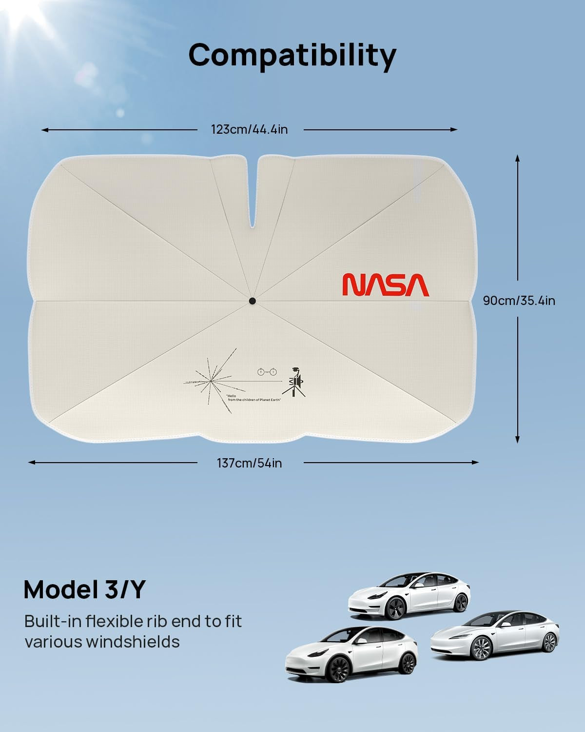 Reinforced Triple-Coated Windshield Sunshade Umbrella of the NASA Voyager-2 Mission Edition Designed for Tesla Model Y Model 3