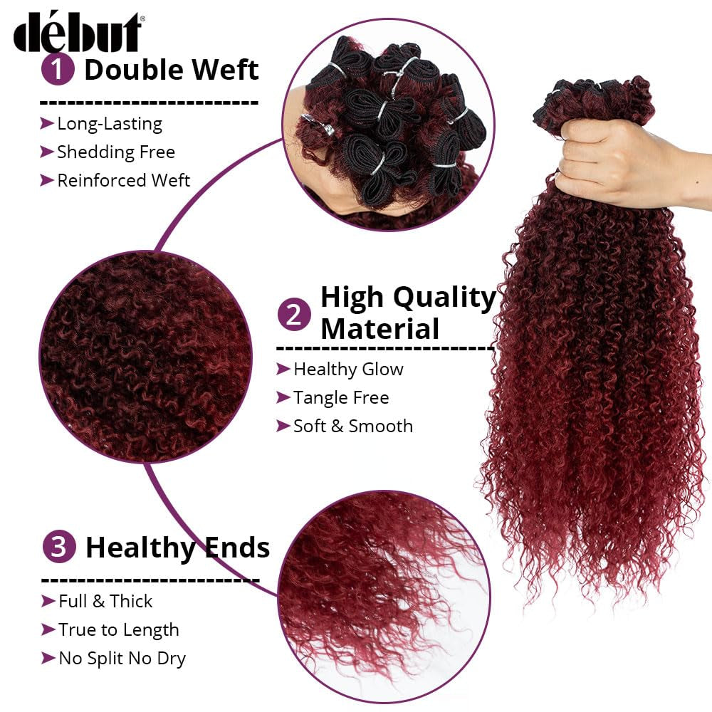 Synthetic Hair 7Pcs Kinky Curly 22 24 26 Inches Gradient Burgundy 6 Bundles Tight Curly Hair with 1Pc Crochet Hair for Women Ombre Red Color