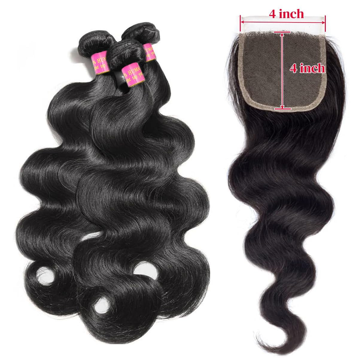 12A Human Hair Bundles 3 Bundles with Closure Body Wave Bundles Human Hair 100% Unprocessed Brazilian Virgin Hair Bundles Human Hair Extensions Quick Weave Bundles Human Hair Black 18 20 22+16
