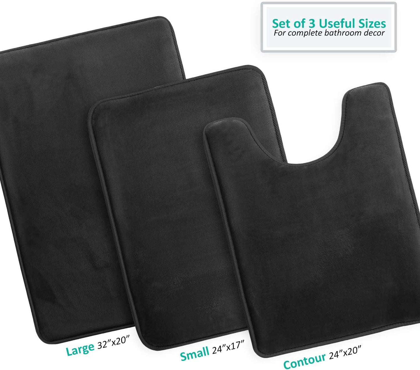 3 Piece Bathroom Rugs Bath Mat Set, Velvet Memory Foam Bath Mats for Bathroom - Non-Slip, PVC Backing Bath Rugs, Washable Bathroom Rug Mats - Dries Quickly, Black Bathroom Rug Set