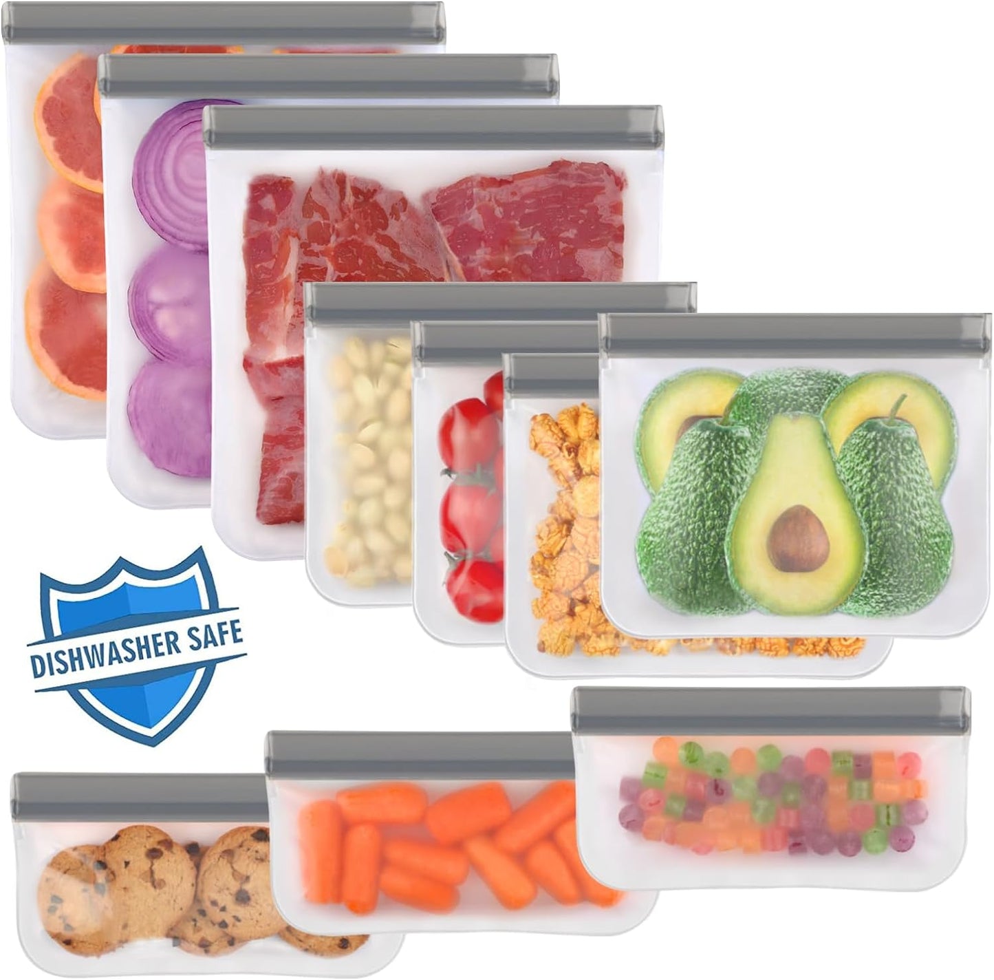 10 Pack Dishwasher Safe Reusable Bags Silicone, Leakproof Reusable Freezer Bags, BPA Free Reusable Storage Bags for Lunch Marinate Food Travel - 3 Gallon 4 Sandwich 3 Snack Bags