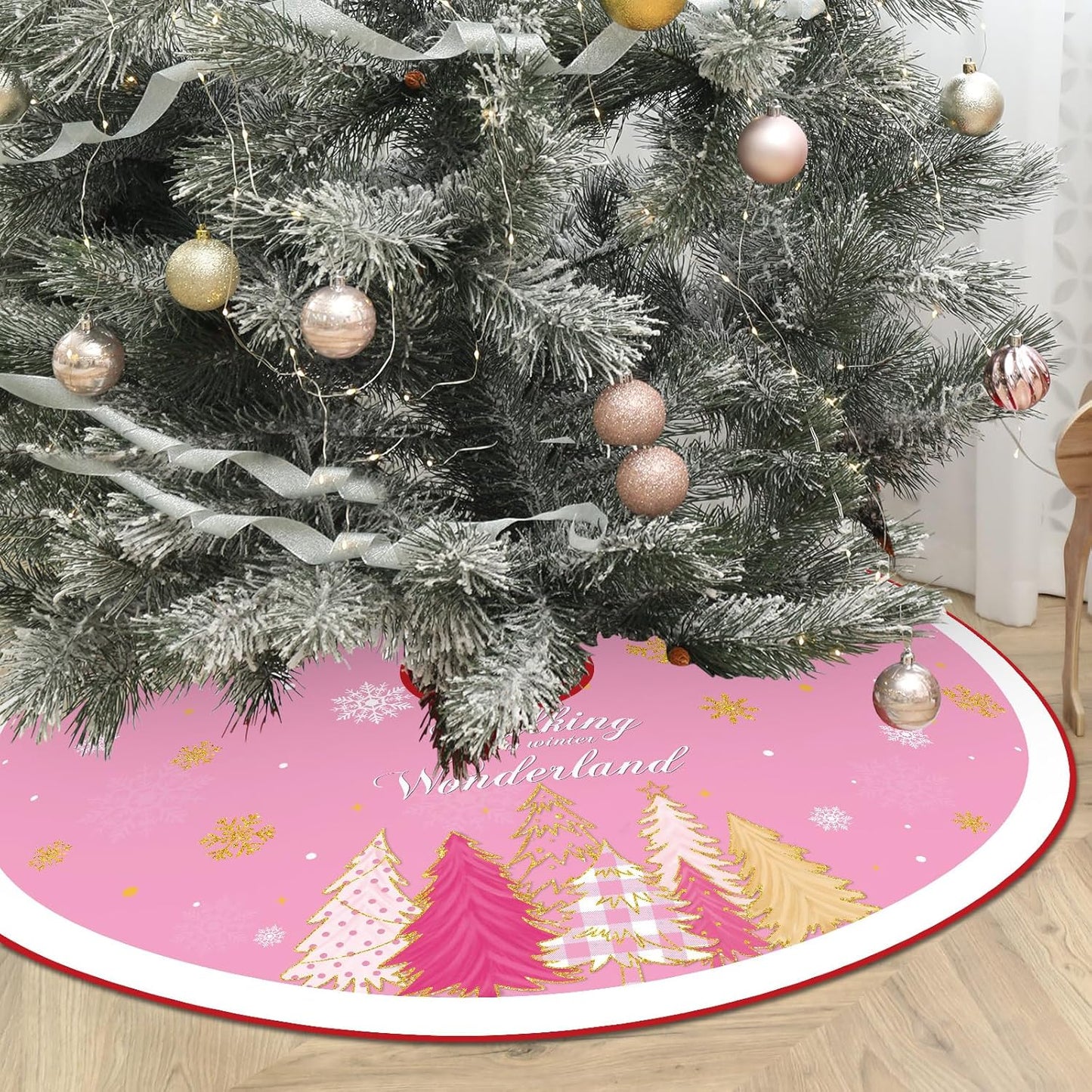 48 Inch Pink Christmas Tree Skirt Large Double Layer Xmas Tree Decoration Merry Christmas Tree Skirt Mat Decor for Winter Holiday Party Christmas Decorations Supplies
