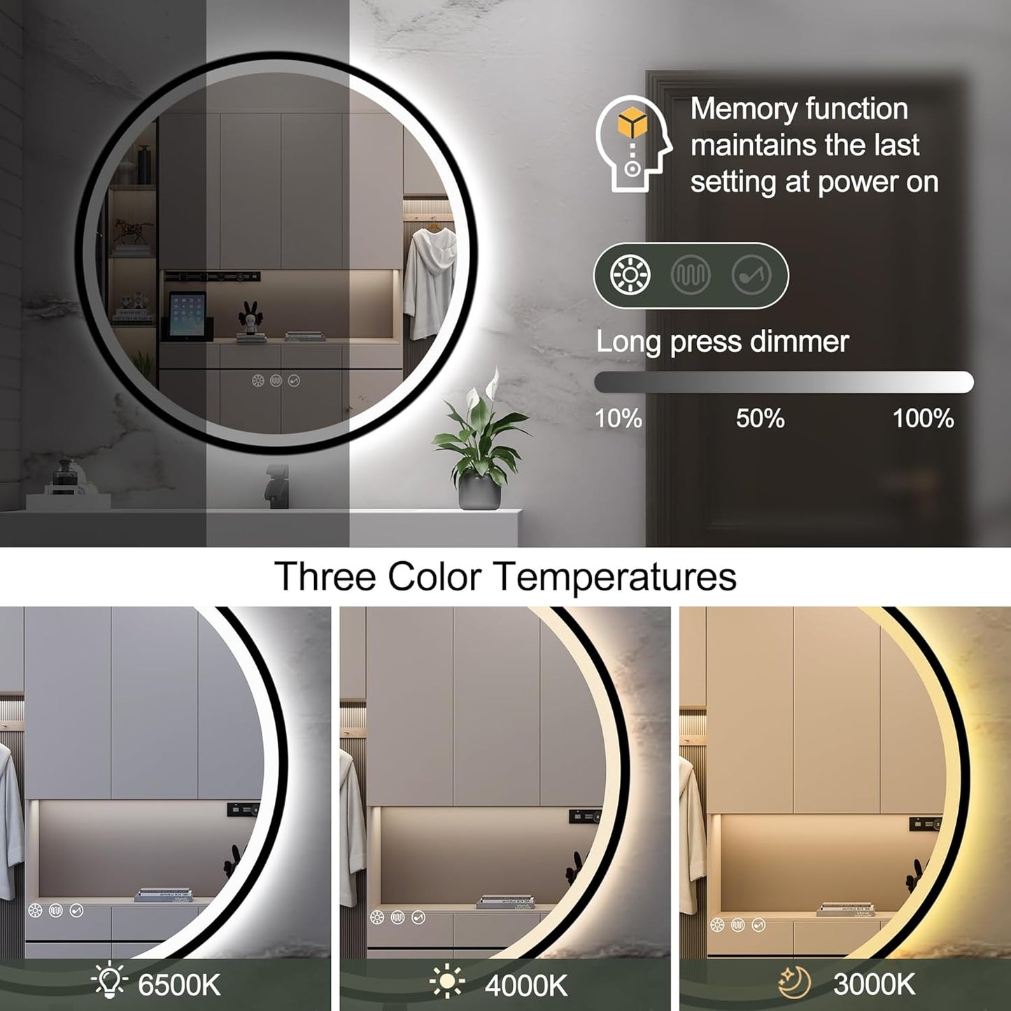 24’’ round Led Bathroom Mirror with Lights, Backlit and Front Lighted, Anti-Fog Wall-Mounted Vanity Mirror 3000K/4000K/6500K, Dimmable, inside Bluetooth Speaker, Smart Mirror