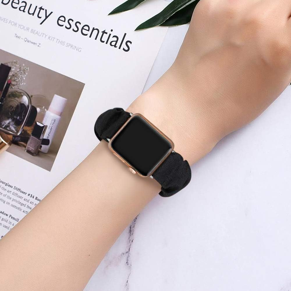 Compatible with Apple Watch Band 38Mm 40Mm 41Mm Soft Floral Fabric Elastic Scrunchies Iwatch Bands for Apple Watch Series 7,6,SE,5,4,3,2,1 Black Small