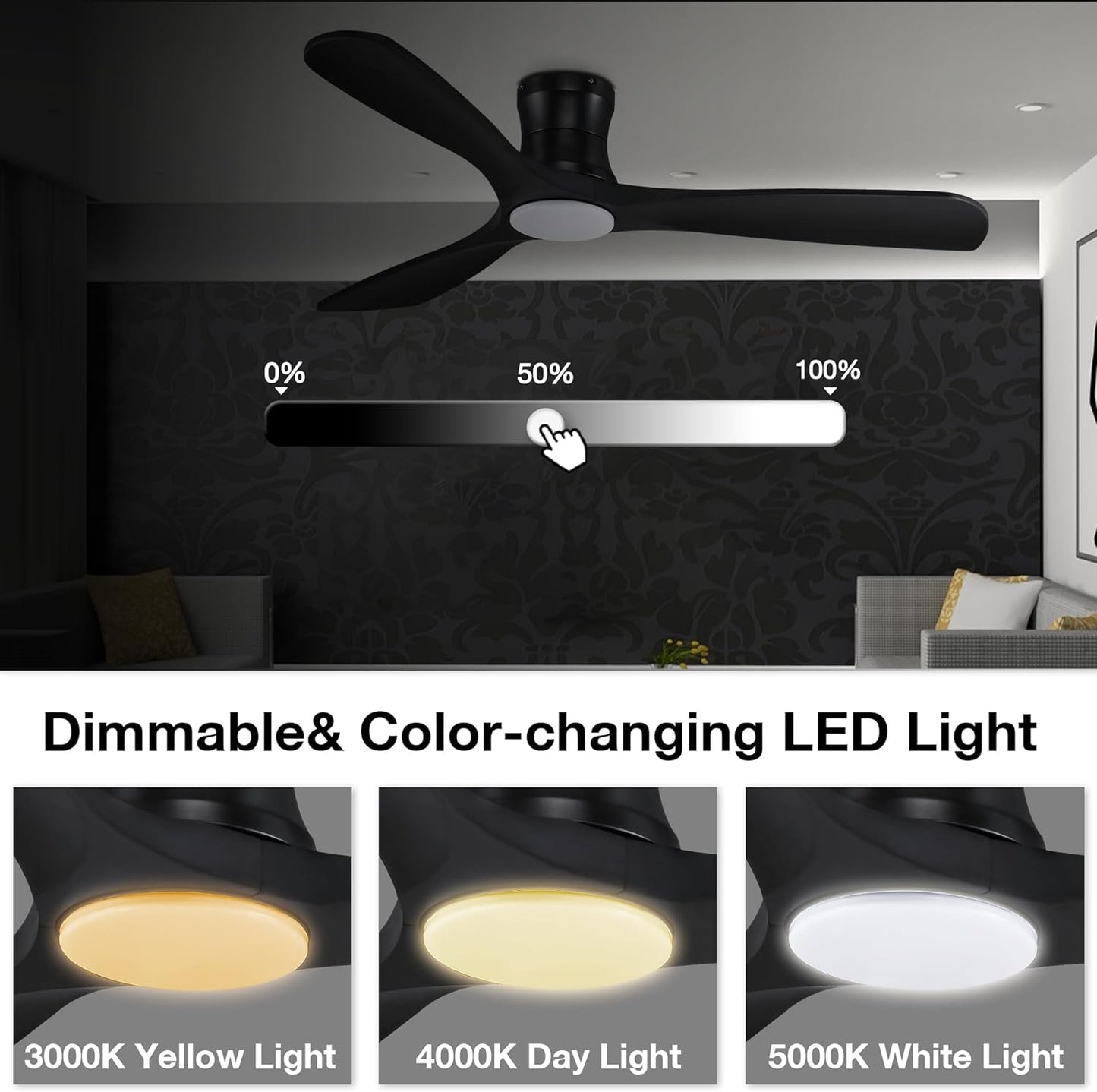 52” Smart Wood Low Profile Ceiling Fan with Lights Remote,Quiet DC Motor,Outdoor Indoor Flush Mount Ceiling Fans Controlled by WIFI Alexa App,Modern Black for Bedroom Living Room Patio Porch