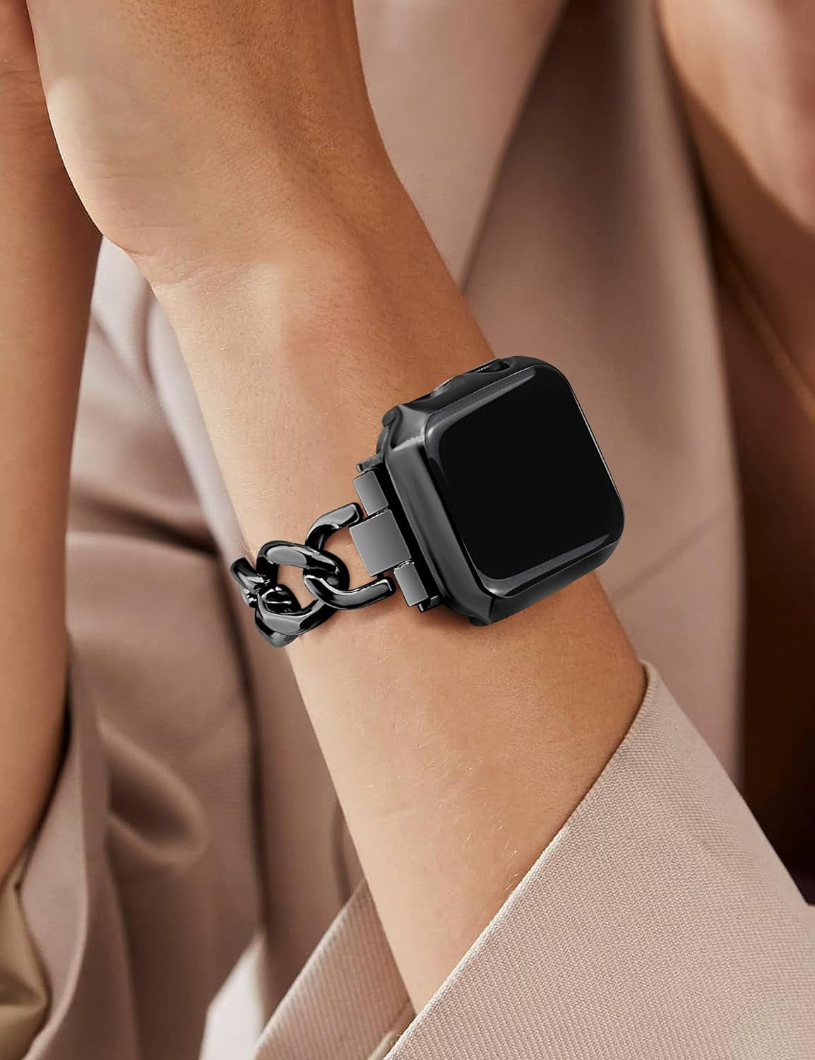 Black Watch Bands for Women Compatible with Apple Watch Band 38Mm 40Mm 41Mm Adjustable Metal Band Cowboy Steel Single Chain Bracelet for Iwatch Series 9/8/7/6/5/4/3/2/1/Se/Ultra (No Case)
