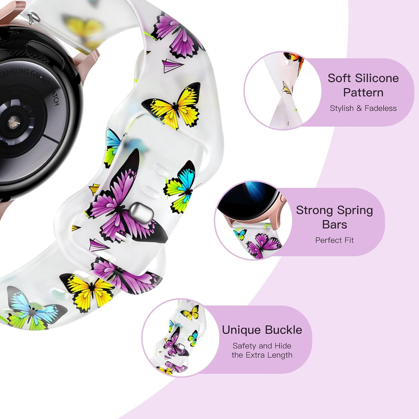 Transparent Band Compatible for Samsung Watch 4 Bands/Galaxy Watch 5 Band 40Mm/Samsung Galaxy Active 2 Watch Bands,20Mm Soft Pattern Printed Fadeless Strap for Galaxy Watch 3 41Mm Women Butterfly