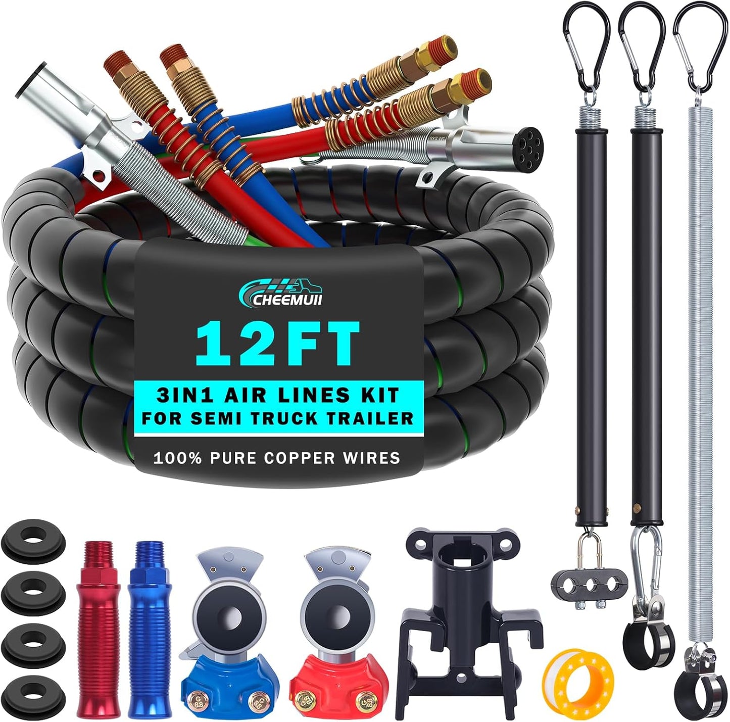 15FT Semi Truck Air Line Kit with Gladhand Holder and Springs Kit Red & Blue Air Brake Hoses and 7 Way Trailer Cord 3-In-1 Air Lines Set for Semi Truck Trailer Tractor