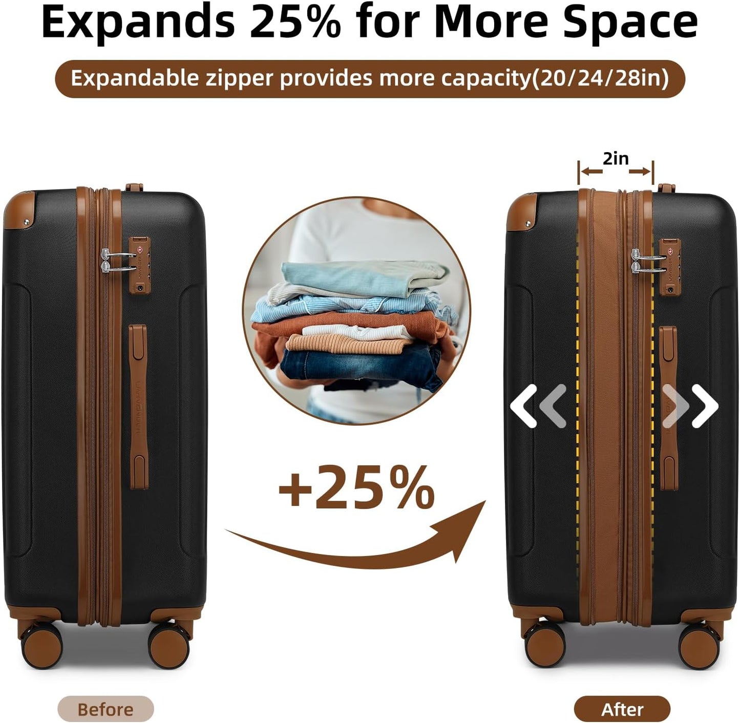 Luggage Sets 6 Piece Hardshell Expandable Suitcases with Spinner Wheels TSA Lock, Lightweight ABS Travel Carry on Suitcase Set for Women, Black Brown