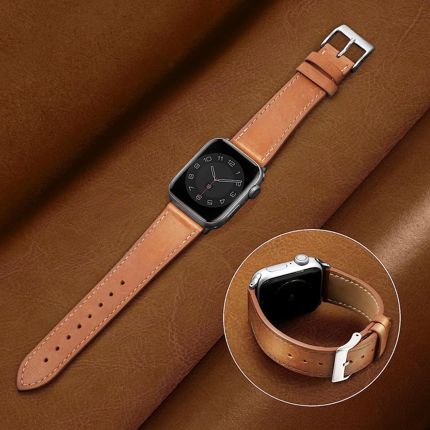 Compatible with Apple Watch Band Series SE 9 8 7 6 5 4 3 2 1 Ultra 49Mm 45Mm 41Mm 44Mm 40Mm 42Mm 38Mm, Genuine Leather Replacement Band for Iwatch, Leather Apple Watch Strap for Women &
