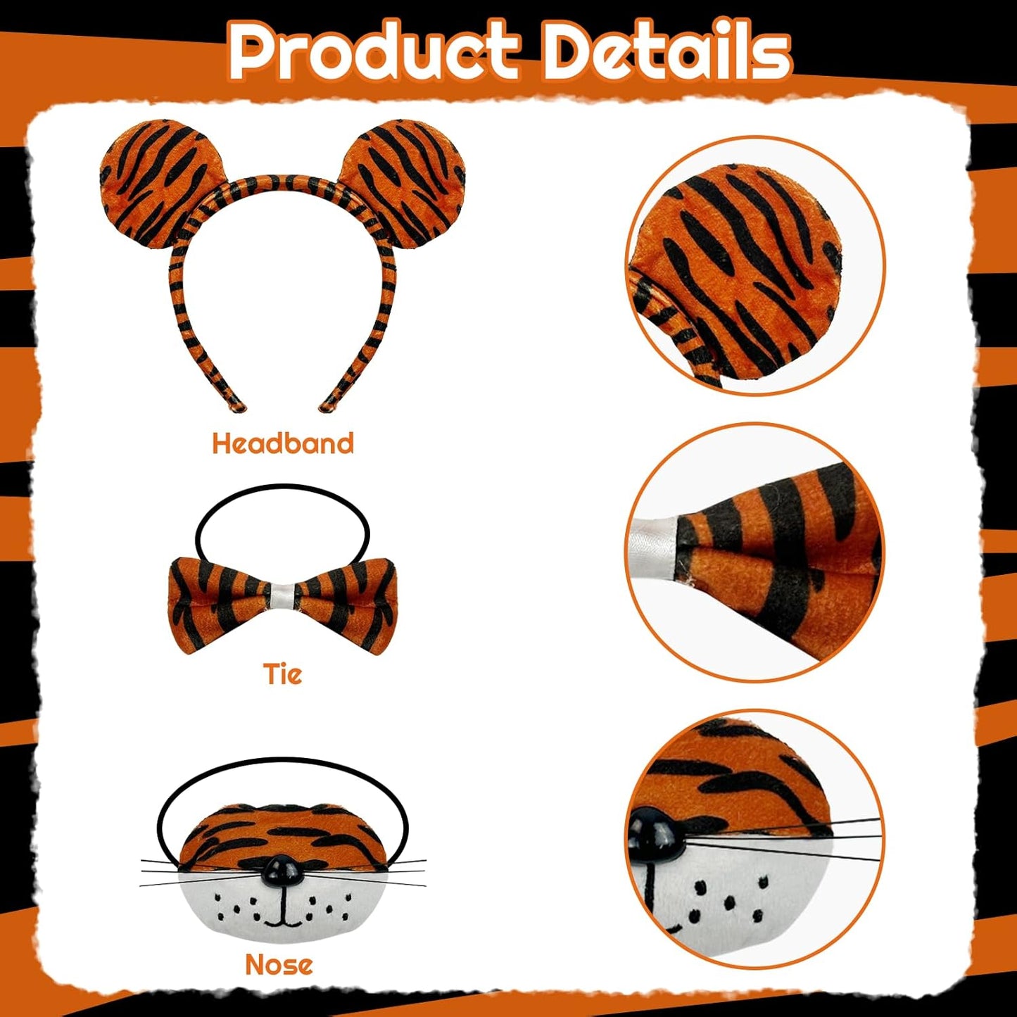 5 Pieces Tiger Costume Set, Tiger Ear Headband Tail Nose Bow Tie Tutu Skirt for Halloween Costume Cosplay Party Decoration