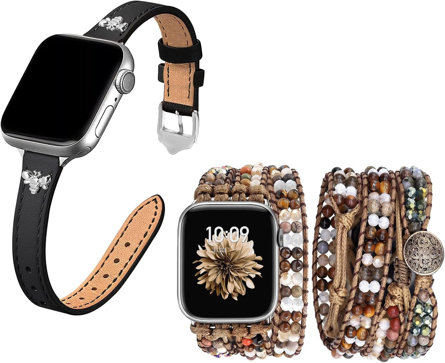 Elegant Slim Leather Bands Boho Beaded Watch Band Bundle Compatible with Apple Watch 38Mm 40Mm 41Mm 42Mm 44Mm 46Mm 45Mm 49Mm Women for Iwatch Series 10/9/8/7/6/5/4/3/2/1/Se/Ultra