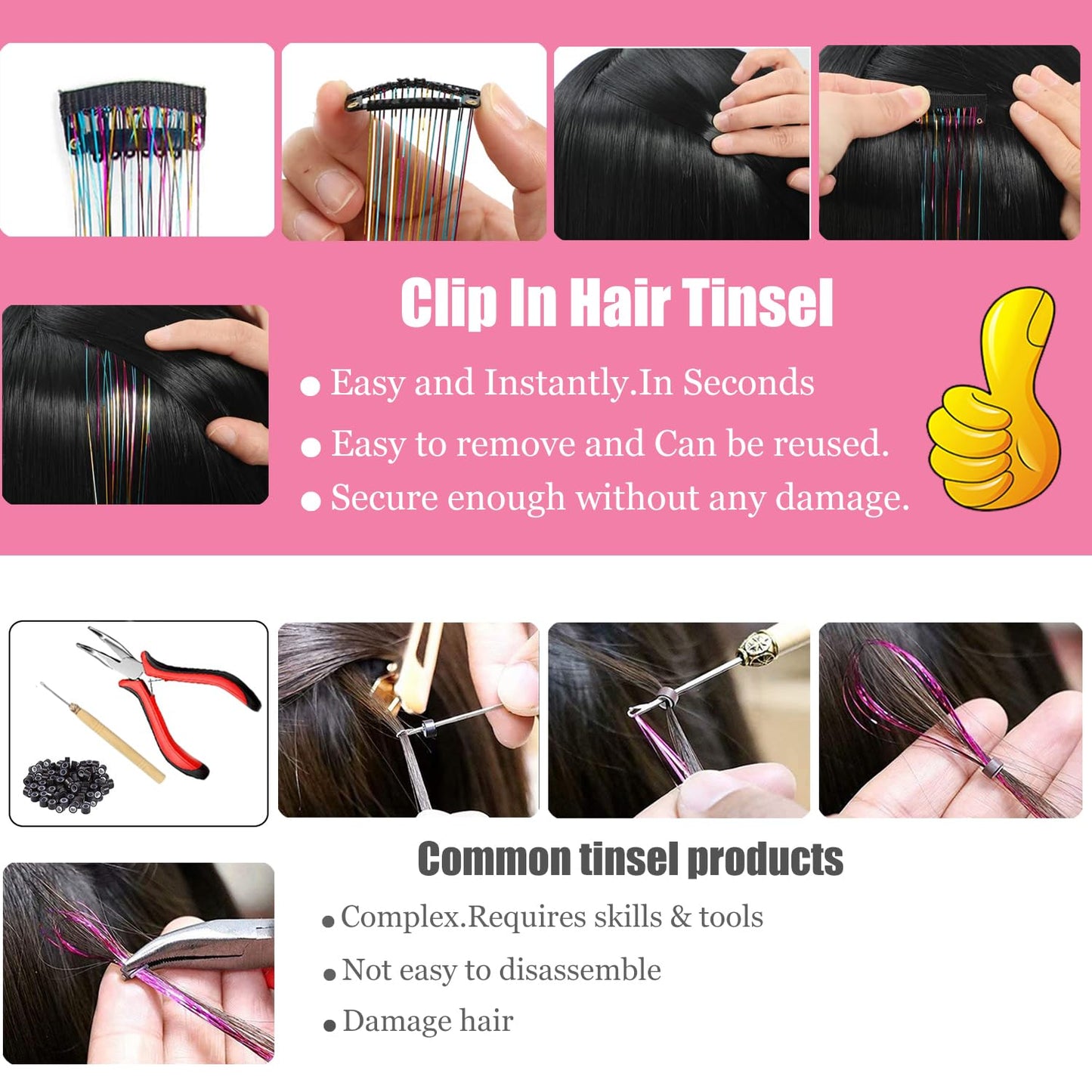 12Pcs Hair Tinsel Clip in 19.6Inch Tinsel Hair Extensions Clip in Hair Tinsel Kit Heat Resistant Shiny Sparkle Glitter Hair Extensions Fairy Hair Accessories for Women Girls Kids (Gold)