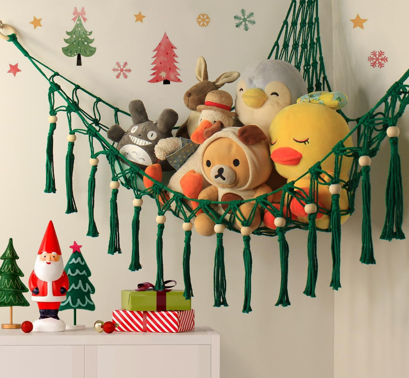 Stuffed Animal Toy Storage Hammock with LED Light - Macrame Jumbo Doll Corner Stuff Animals Organizer Decorations - Cute Plushie Net Kids Baby Nursery Bedroom Room Decor Christmas Green