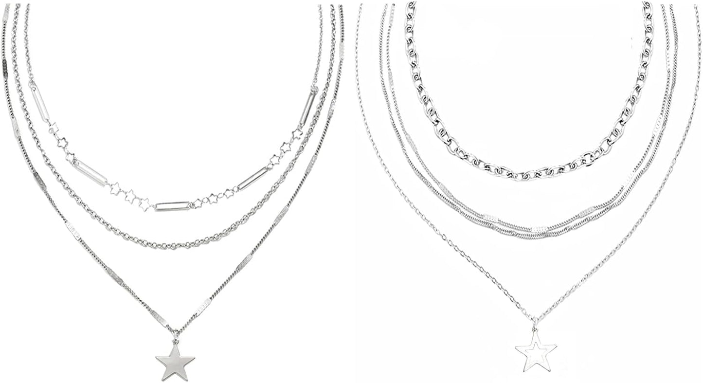 2 Pieces Silver Star Necklace Y2K Jewelry Set Grunge Necklace Kawaii Cute Necklaces Aesthetic Vintage Emo Jewelry