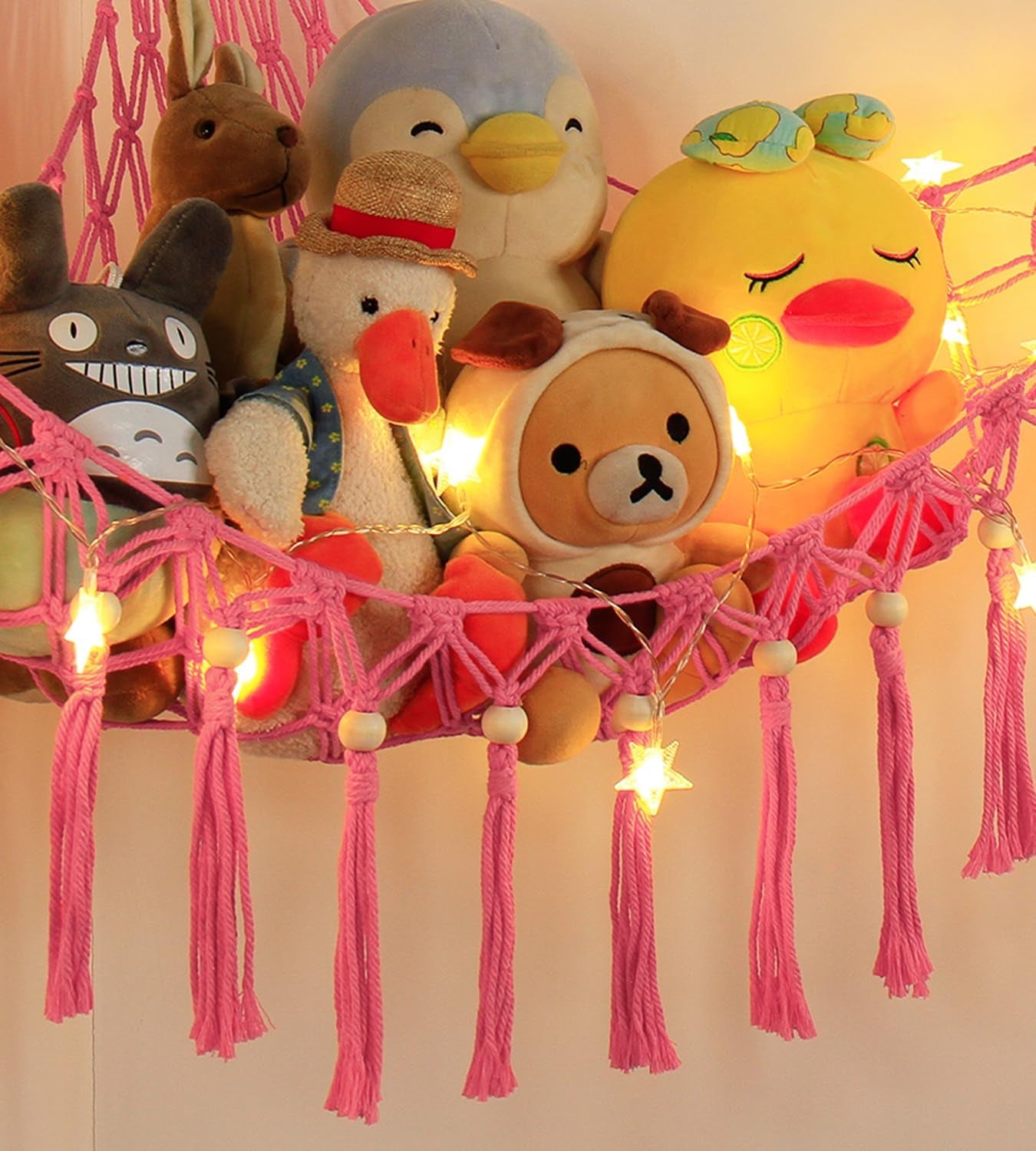 Stuffed Animal Storage Hammock Corner with LED Light - Toy Hanging Organizer Plushie Net - Pink Room Decor for Teen Girls - Cute Bedroom Aesthetic Nursery Kids Baby Toddler