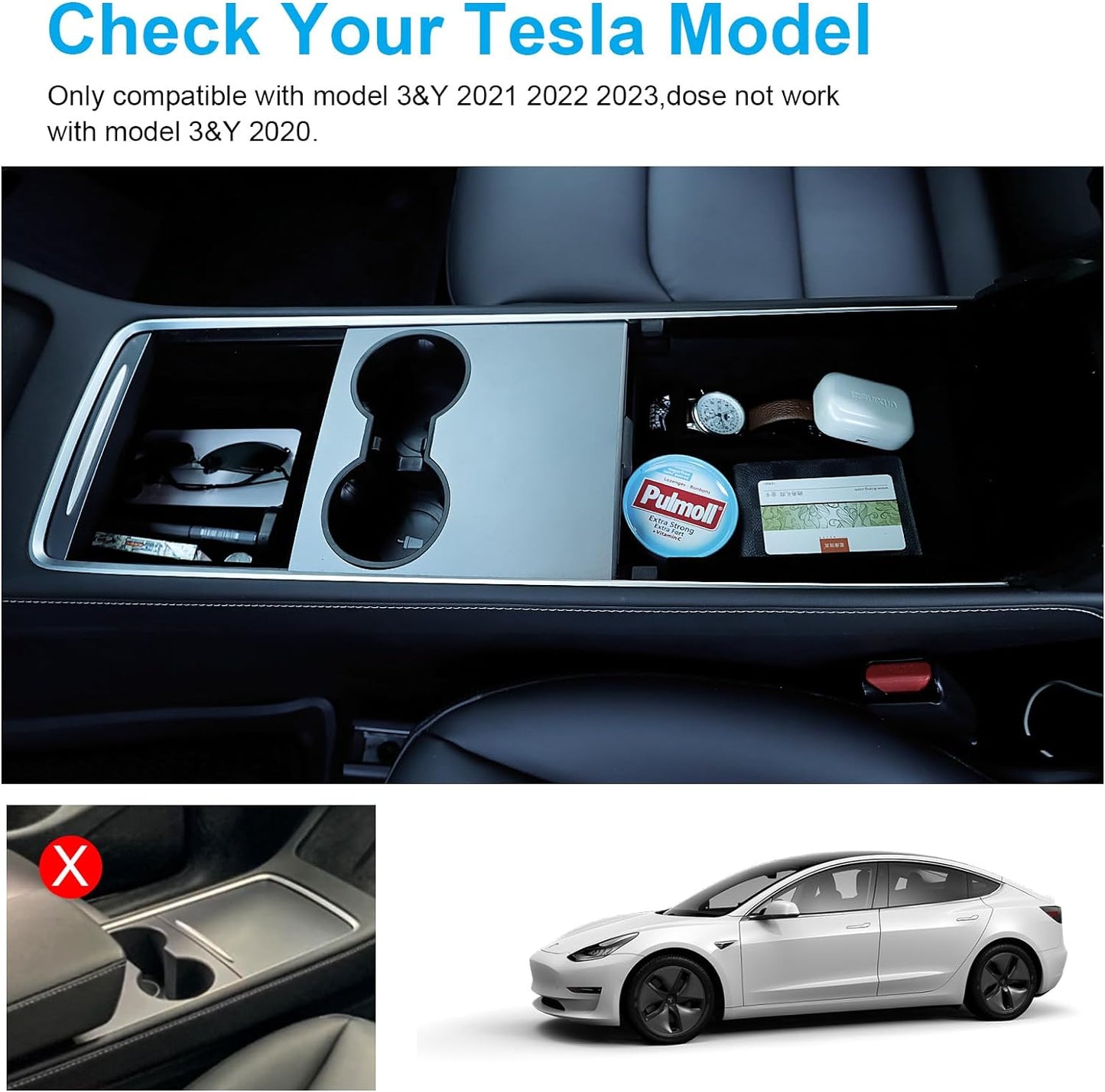 5Pcs Tesla Model Y Accessories 2024 - Center Console Organizer Tray, Silicon Cup Holder Insert, Rear Trunk Hook, Camera Cover, for Tesla Model 3 2021-2023, Tesla Model Y 2019-2023