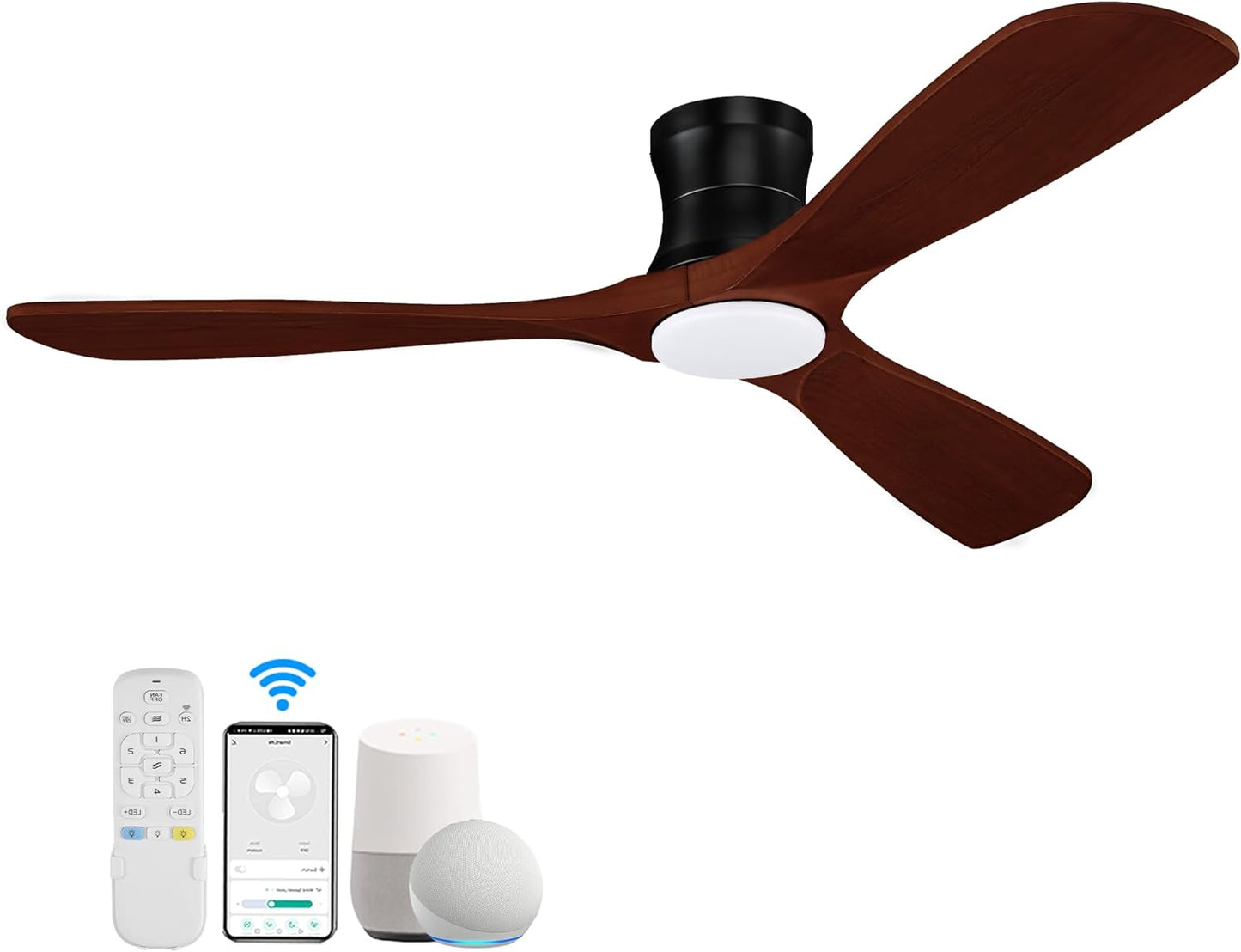 52” Smart Wood Flush Mount Ceiling Fans with Lights Remote,Quiet DC Motor,Outdoor Indoor Low Profile Ceiling Fan,Voice WIFI Alexa App Control,Dimmable,6-Speed,For Modern Bedroom Patio