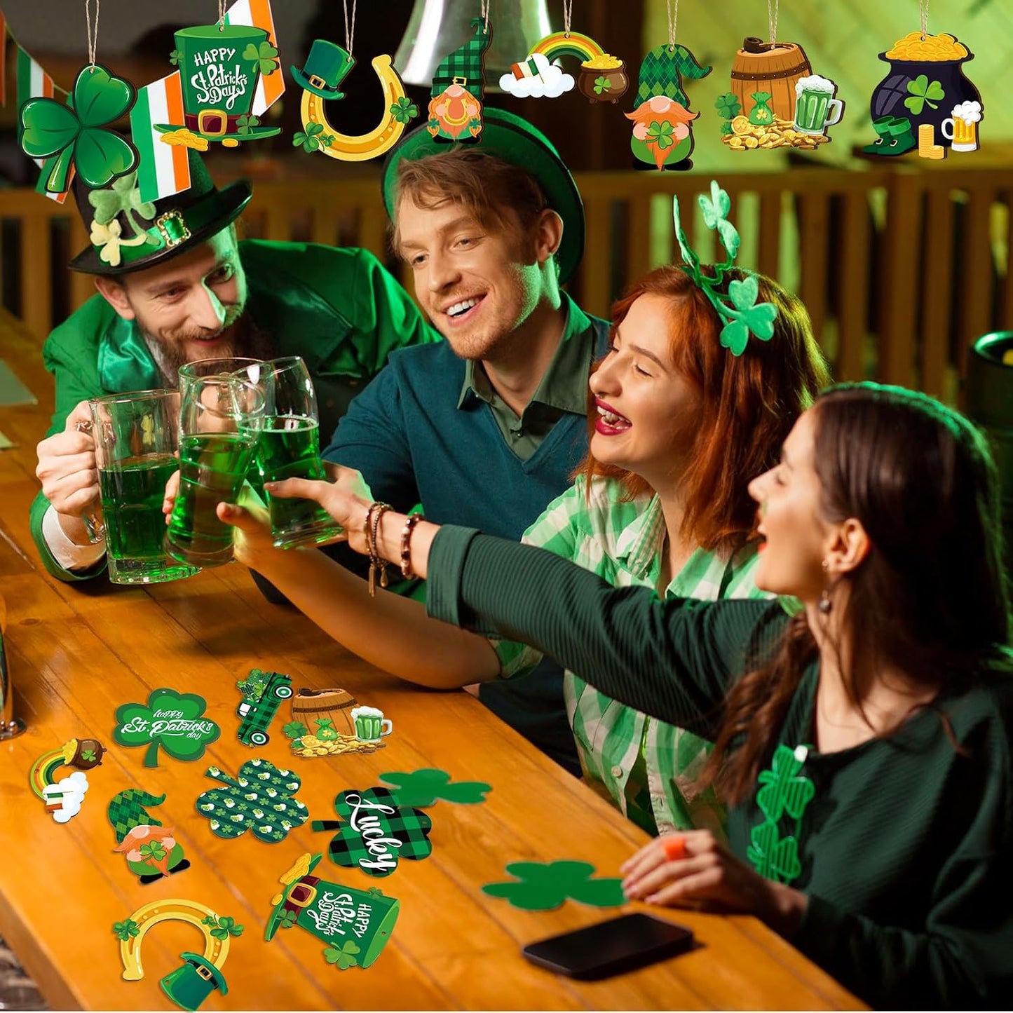 36 Pcs St. Patrick'S Day Tree Ornaments St. Patrick'S Day Wooden Ornaments for Small Tree Shamrock Decorations Gnome Clover Truck Plaid Hanging Cutouts for St. Patrick'S Day Irish Decor