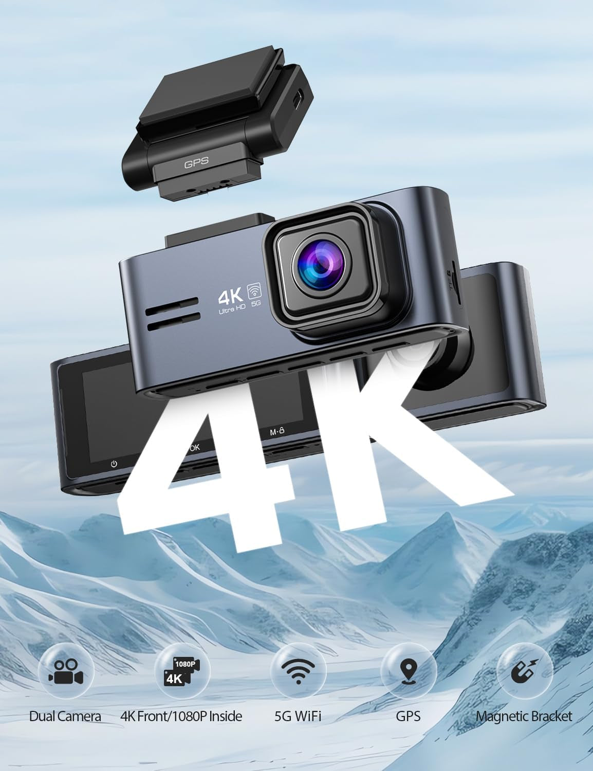 Dash Cam 5G Wifi GPS, Dash Cam Front and inside 4K/2K/1080P+1080P, 64GB Card Included, Dash Camera for Cars with 3.18" LCD Screen, Car Camera with IR Super Night Vision, WDR, G-Sensor, App