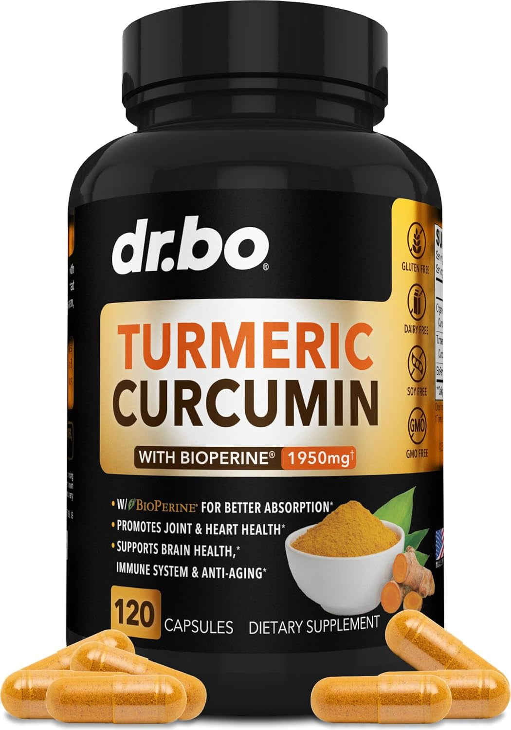 Turmeric Curcumin with Bioperine Supplement Capsules - Support Supplements with 1950Mg Curcuma Longa Pure Organic Tumeric and Curcumin Bioperine Black Pepper - 60 Turmeric Pills TLBH