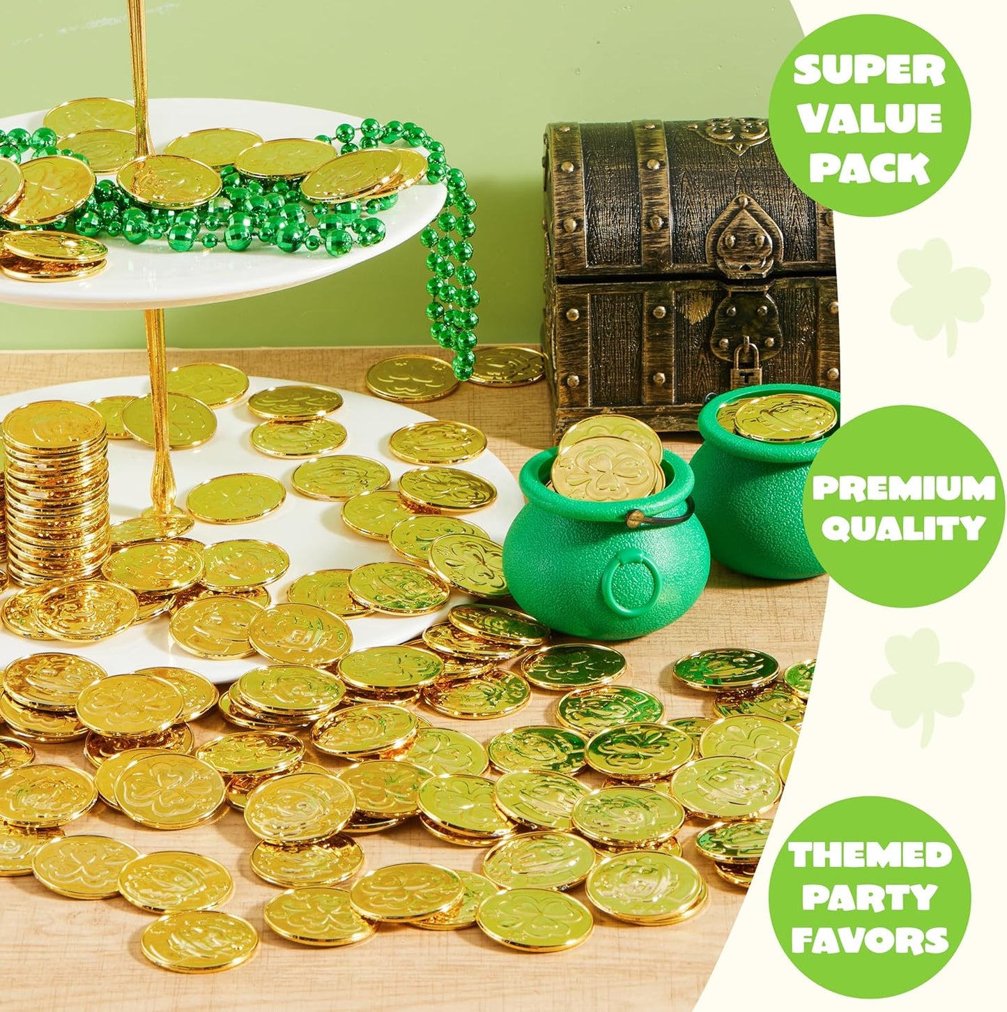 120 Pcs St. Patrick’S Day Gold Coins, Plastic Gold Coins Bulk with Shamrock, Leprechaun, Cauldron & Hat Patterns, St Patricks Accessories Games Gifts Decorations, Party Favors & Party Supplies