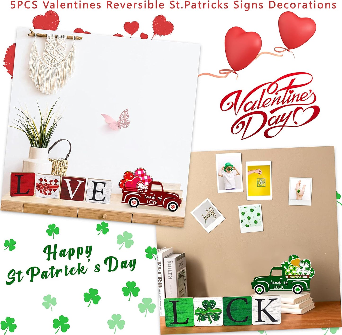 5PCS Valentines Day Decor/St.Patricks Day Decorations Reversible Table Centerpieces Tiered Tray Ornament for Home Party Decor