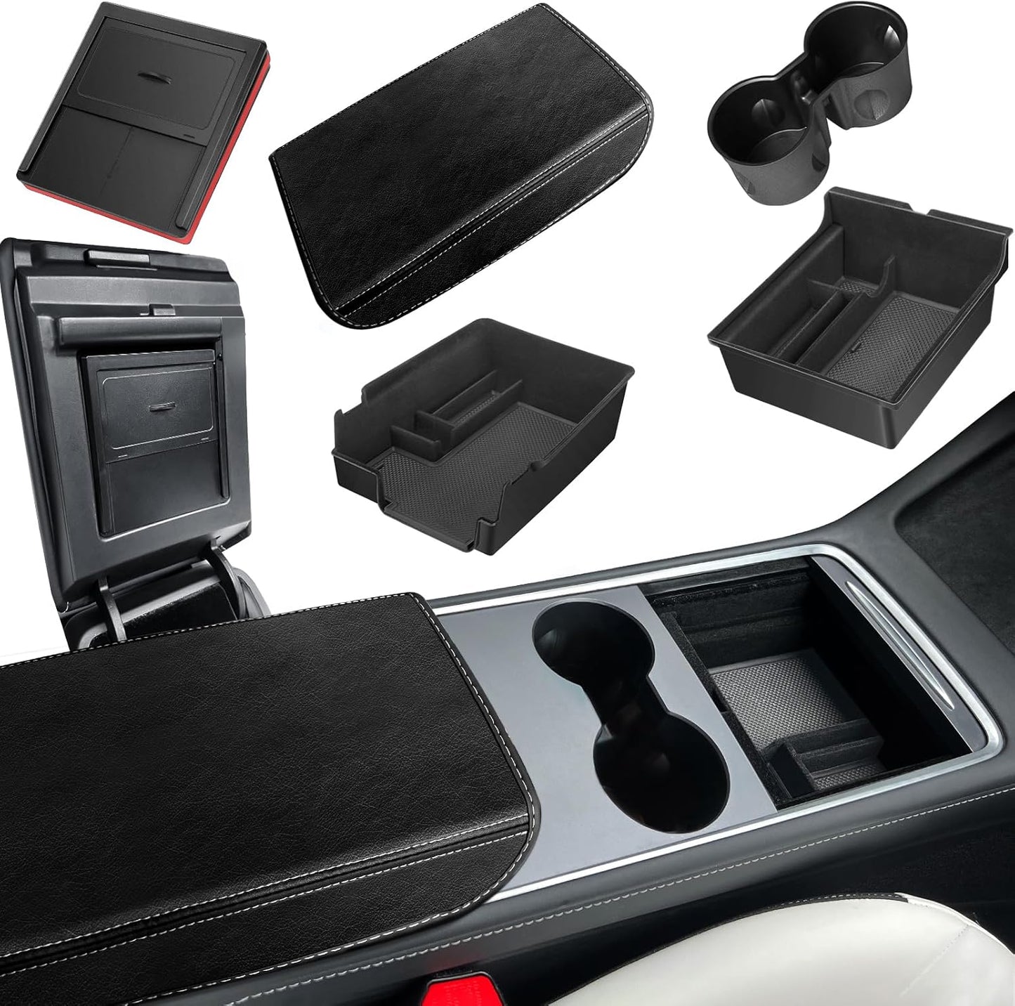 5Pcs 2023 Upgraded Center Console Organizer Tray Compatible for Tesla Model 3 Model Y Accessories 2023 2022 2021 Armrest Hidden Drawer Storage Box 1PC Webcam Cover 1PC Tissue Holder