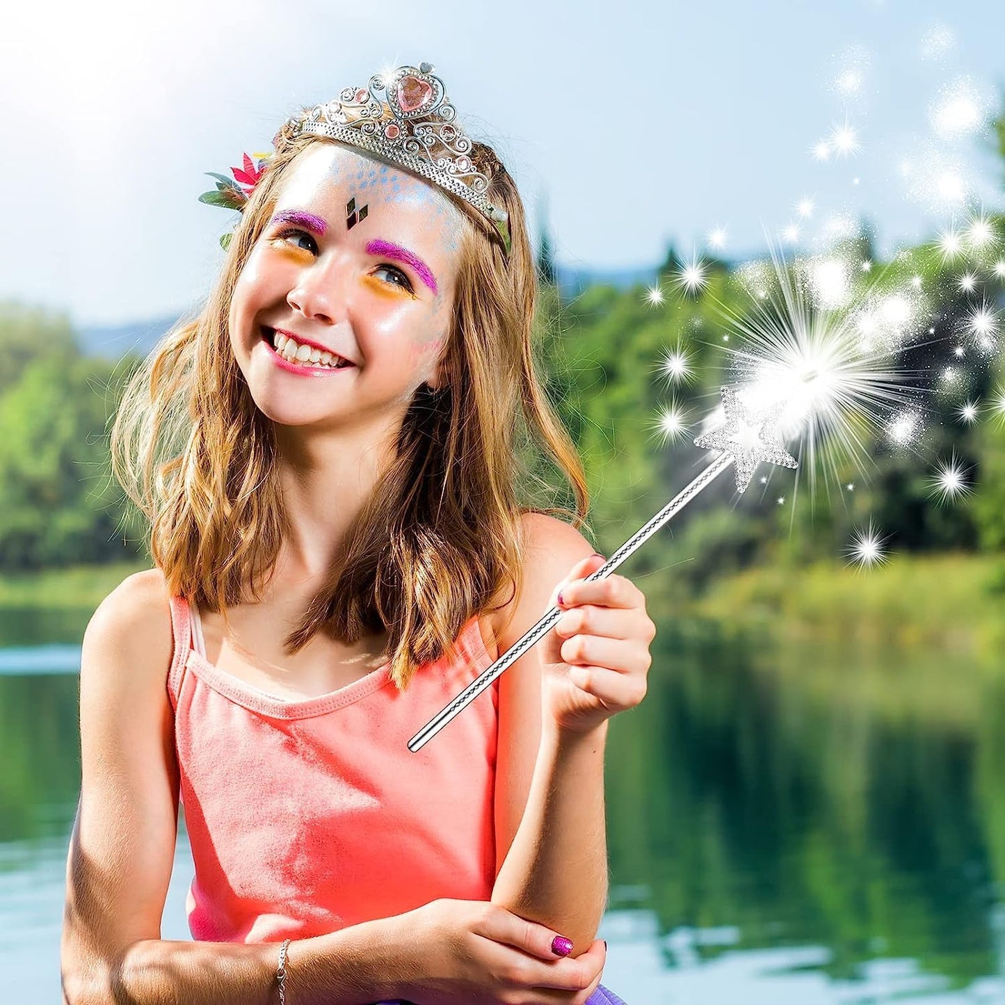2 Pcs 13 Inch Star Wand Elf Baton Angel Wand Angel Fairy Wand Plating Wand Sticks for Princess Birthday Party Wedding Halloween Christmas Costume Cosplay Dress up Accessories(Silver)