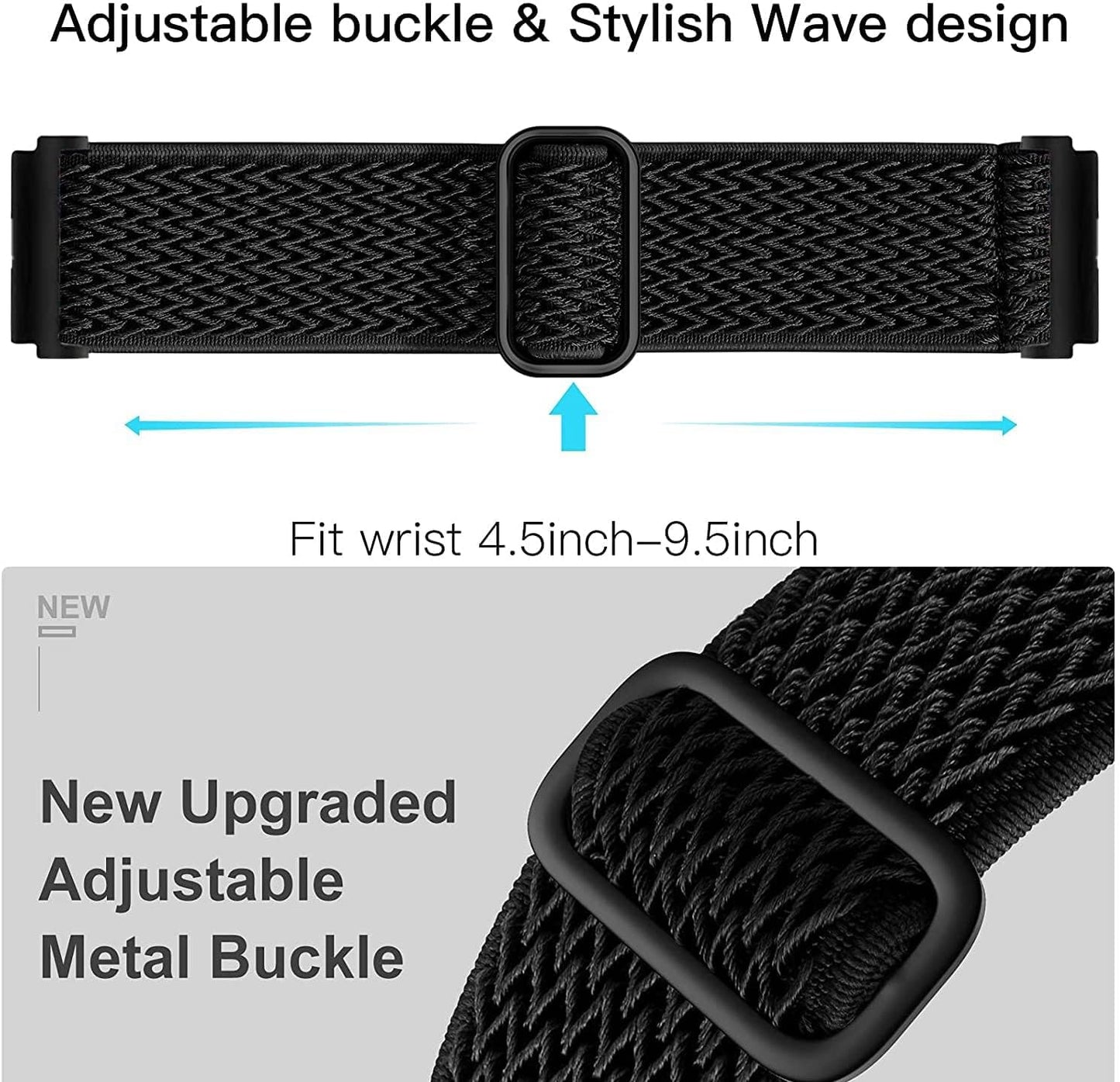 Elastic Bands for Galaxy Watch 5/4 Bands 44Mm 40Mm/5 Pro Band, Galaxy Watch 4 Classic Bands 46Mm 42Mm/Active 2 Women Men, 20Mm Stretch Nylon Replacement Strap(Wave Black+Blue)