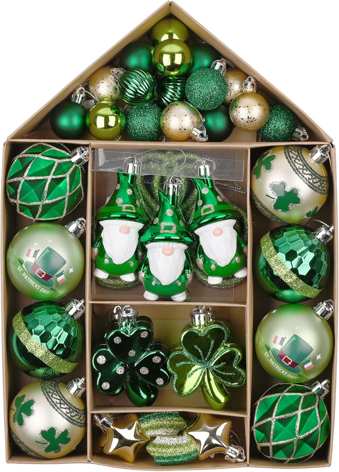 St Patricks Day Decorations Shamrock Tree Ornament,30Pcs Hanging Ball Ornament Gnome Decor for Irish Festival, Good Luck Clover Emerald Green Gold Christmas Ball for Party Home Spring