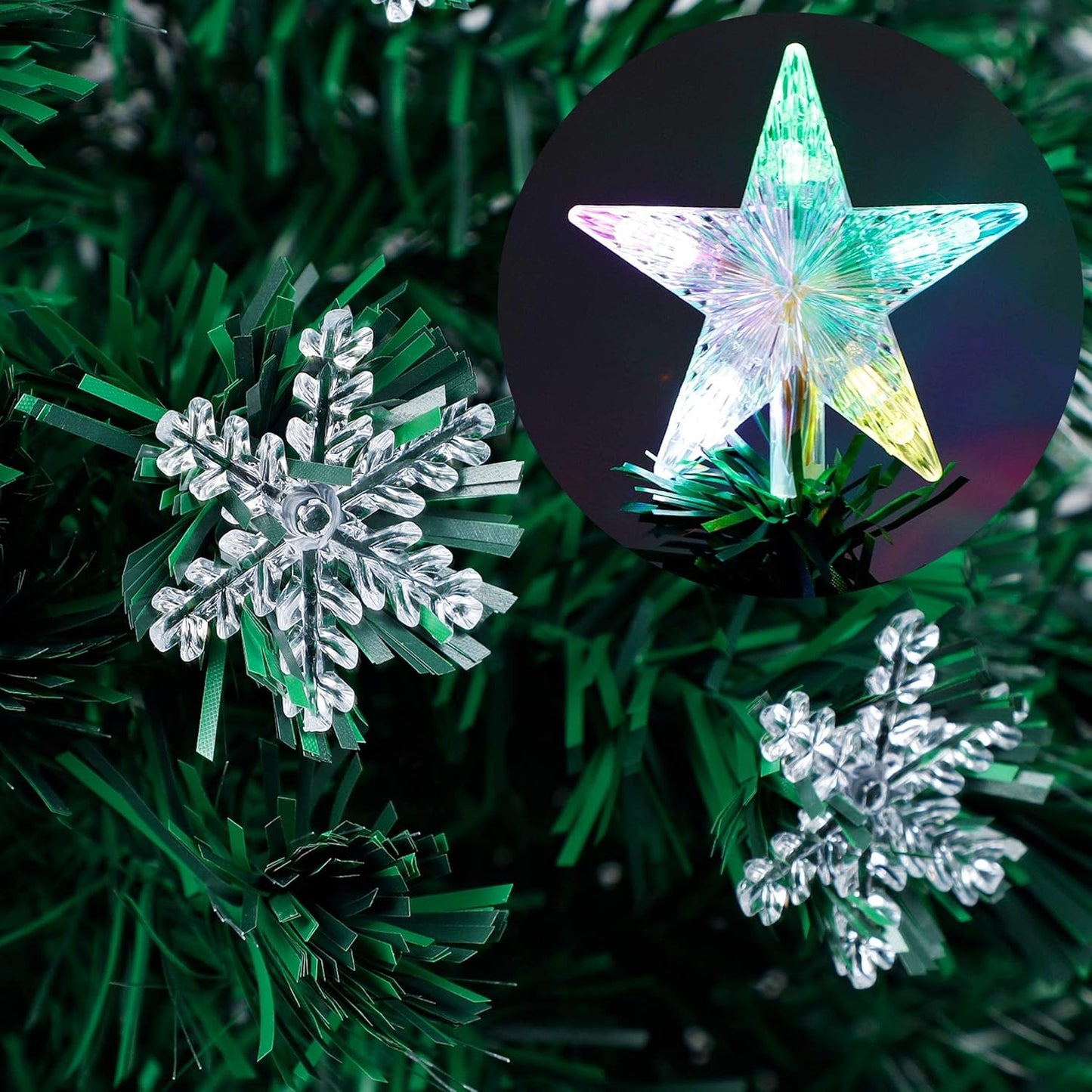 7 Ft Pre-Lit Optical Fiber Christmas Artificial Tree, with LED RGB Color Changing Led Lights, Snowflakes and Top Star, Festive Party Holiday Fake Multicolor Xmas Tree with Sturdy Metal Legs