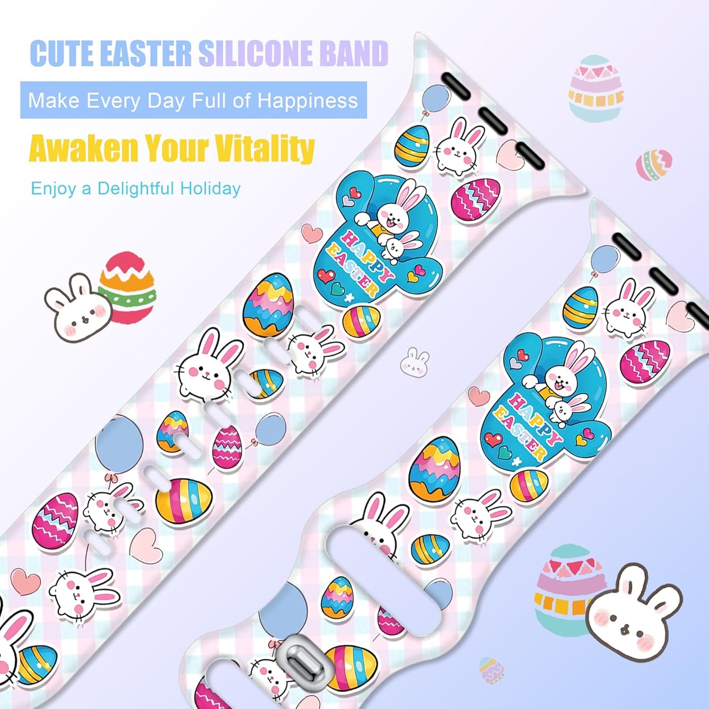Easter Apple Watch Bands for Women Men 41Mm 42Mm 44Mm 45Mm 46Mm 49Mm 38Mm 40Mm,Soft Silicone Holiday Strap Easter Apple Watch Band for Apple Watch Series 10 9 SE 8 7 6 5 4 3 2 1 Ultra 2 1-Easter Rabbits & Eggs