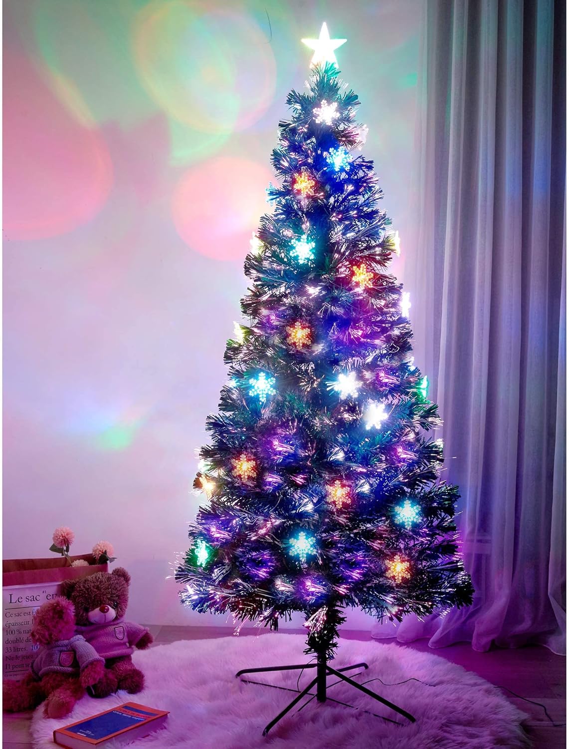 7 Ft Pre-Lit Optical Fiber Christmas Artificial Tree, with LED RGB Color Changing Led Lights, Snowflakes and Top Star, Festive Party Holiday Fake Multicolor Xmas Tree with Sturdy Metal Legs