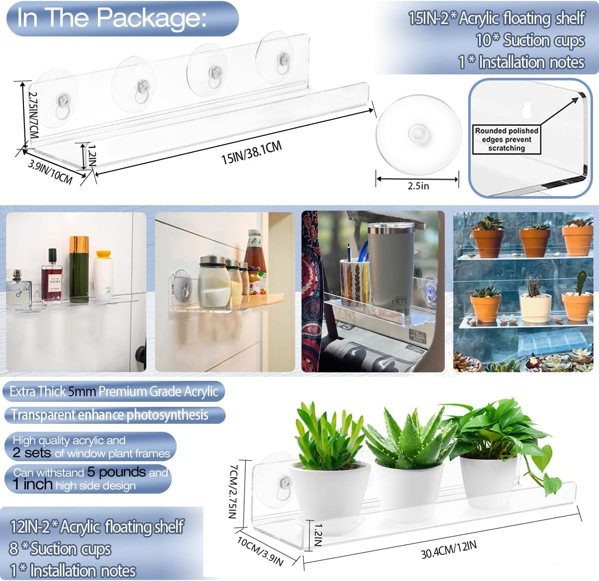 12 Inch Acrylic Window Sill Extender for Window Boxes, 2 Pack Window Shelf for Plants, Suction Cup Shelf for Plants Window, for Succulent Planters, Herb Pots, Indoor Plants (12In-2Pcs)
